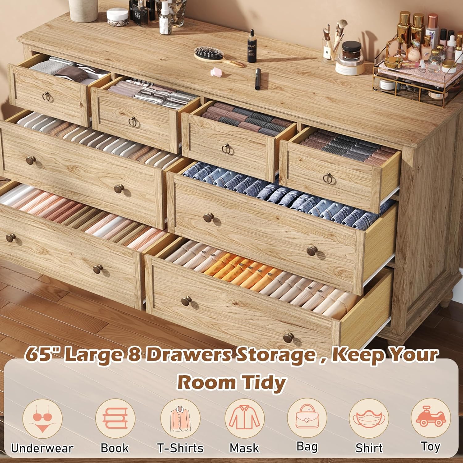 ChVans 65 inch Large Long Drawer Dresser, 8 Drawer Dresser for Bedroom, Modern Farmhouse Wood Wide Chest of Drawers, Storage Dressers for Bedroom, Living Room & Hallway