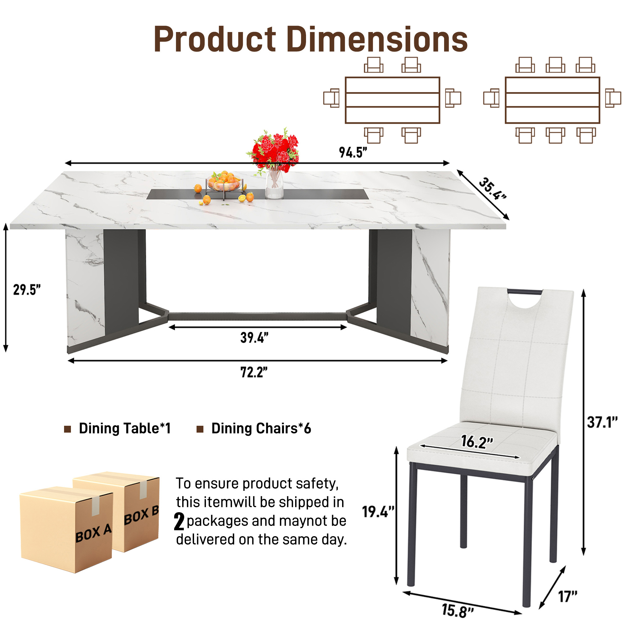 ANPOO 7-Piece Kitchen Dining Set for 4-8 People, 71" Rectangle Waterproof Wooden Table with 6 Chairs, Easy Clean Farmhouse Dining Table for Dining Room & Kitchen