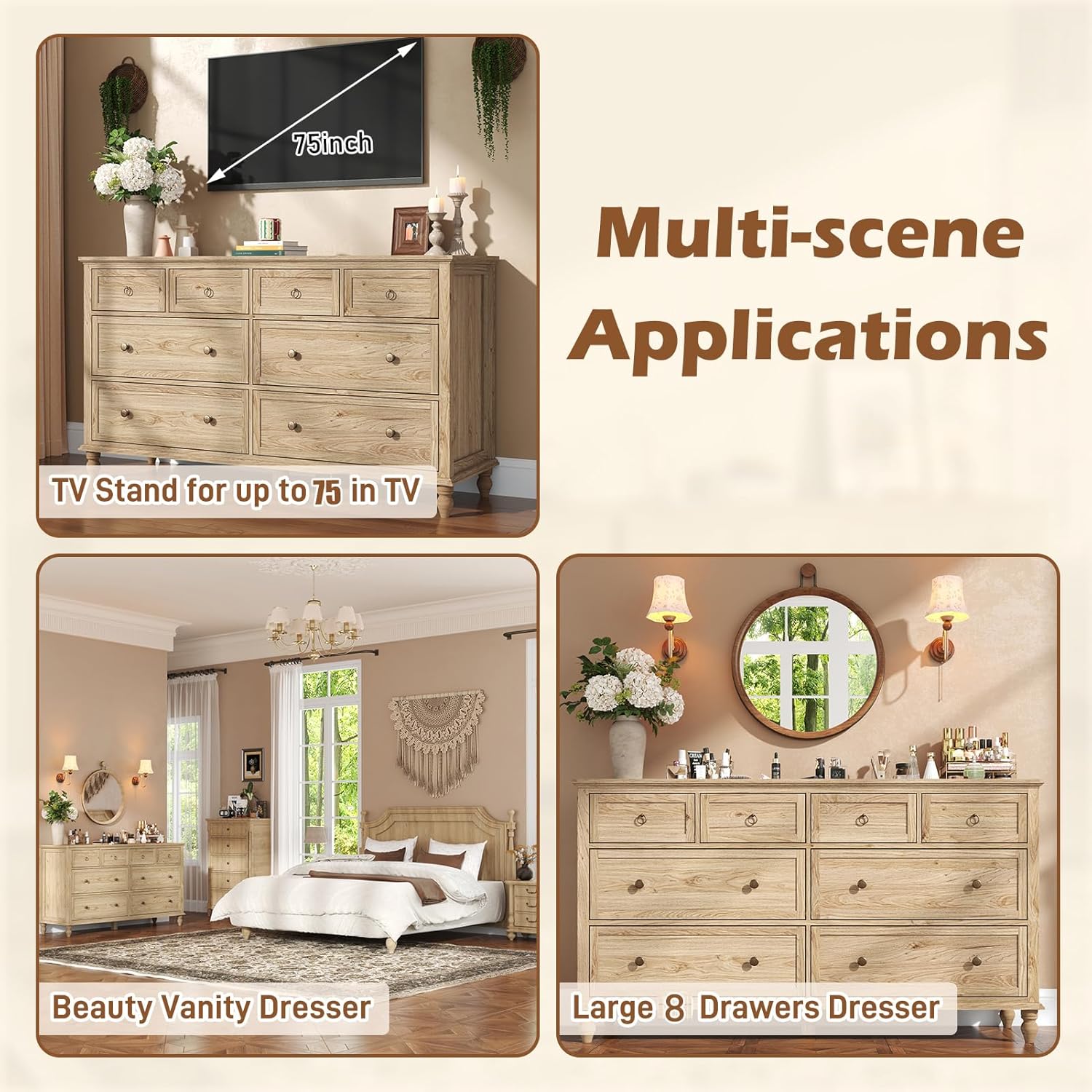 ChVans 65 inch Large Long Drawer Dresser, 8 Drawer Dresser for Bedroom, Modern Farmhouse Wood Wide Chest of Drawers, Storage Dressers for Bedroom, Living Room & Hallway