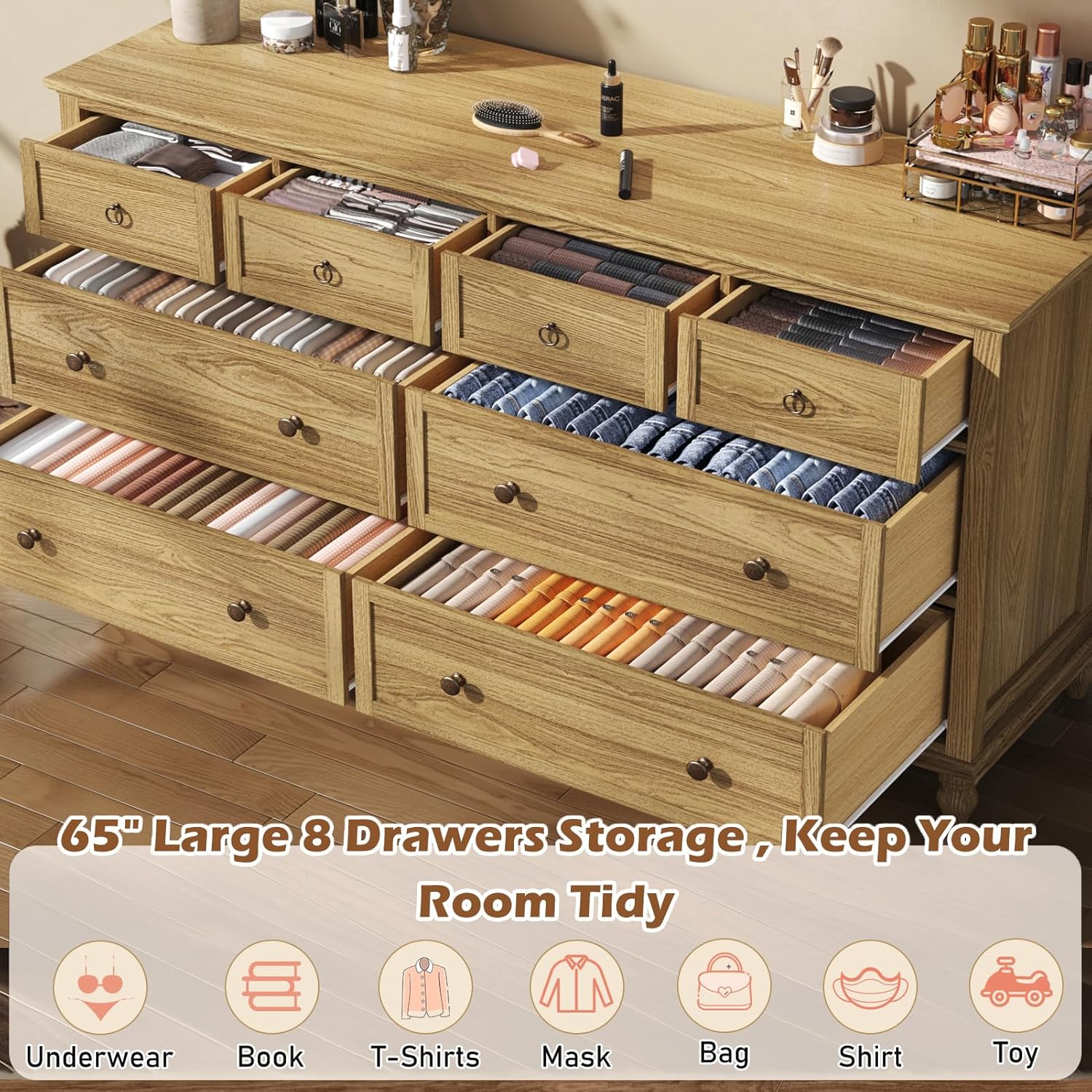 ChVans 65 inch Large Long Drawer Dresser, 8 Drawer Dresser for Bedroom, Modern Farmhouse Wood Wide Chest of Drawers, Storage Dressers for Bedroom, Living Room & Hallway