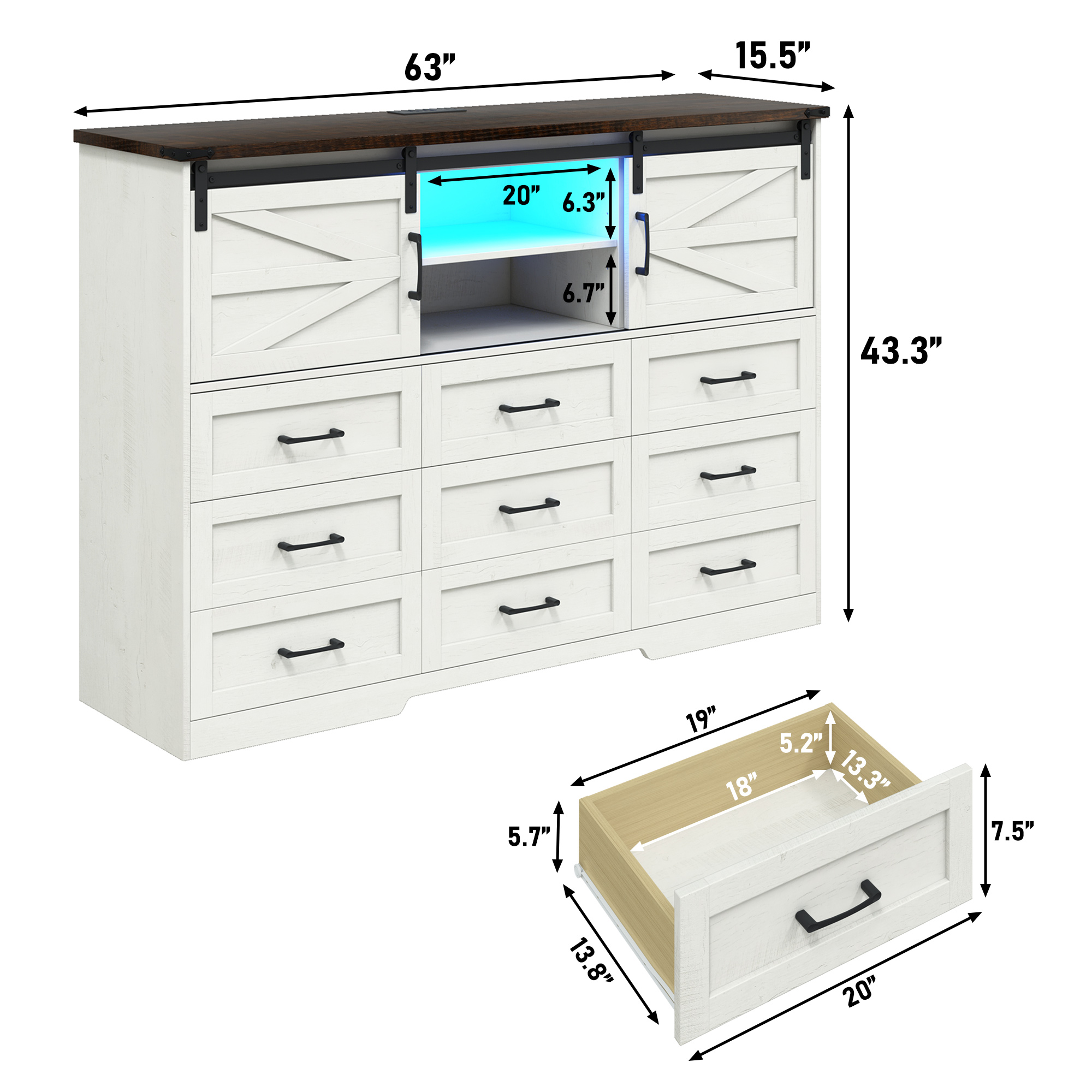 ChVans 63'' Farmhouse Dresser with LED Light & Power Outlet, 9 Drawers, 2 Sliding Doors, 2 Storage layers, Rustic Dresser TV Stand for 70in TV, Wood Storage Cabinet for Bedroom, Living Room, Hallway