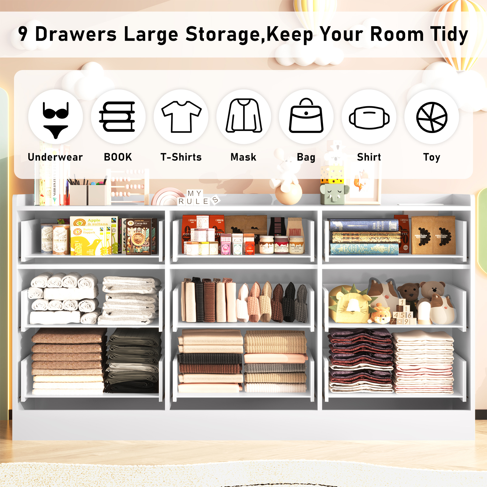 9 Drawer Dresser Chest of Drawer with LED Lights & Charging Station for Bedroom