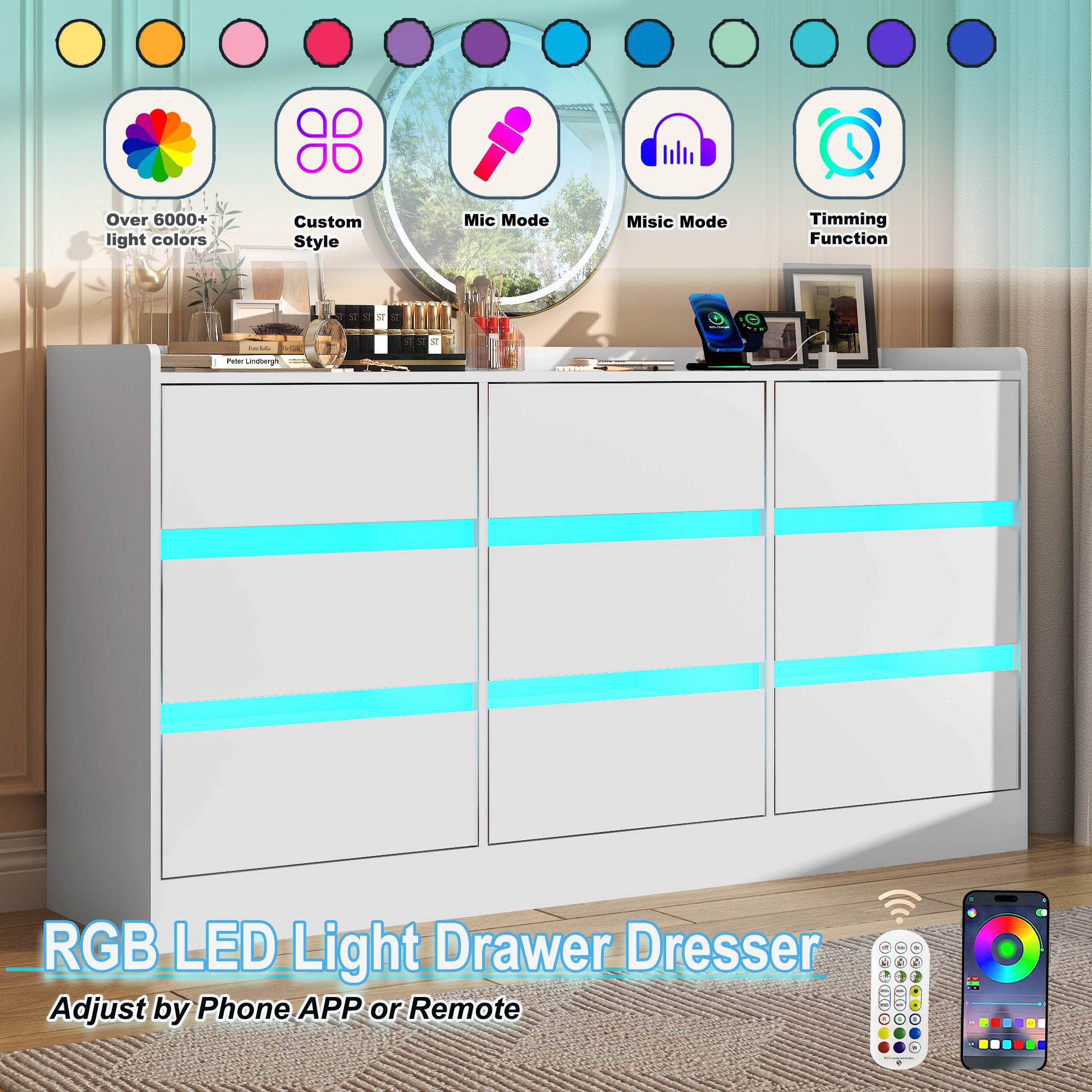 9 Drawer Dresser Chest of Drawer with LED Lights & Charging Station for Bedroom