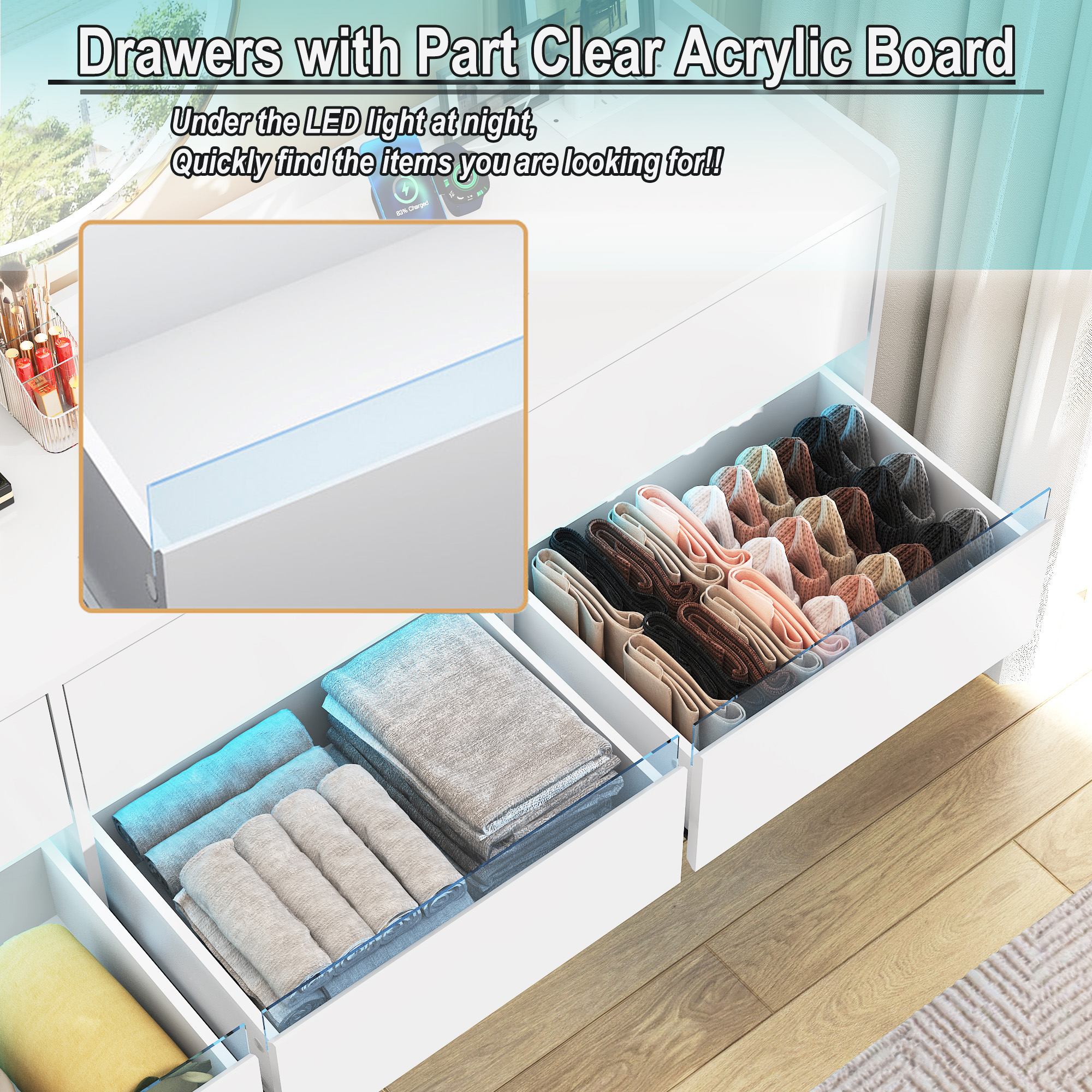 9 Drawer Dresser Chest of Drawer with LED Lights & Charging Station for Bedroom