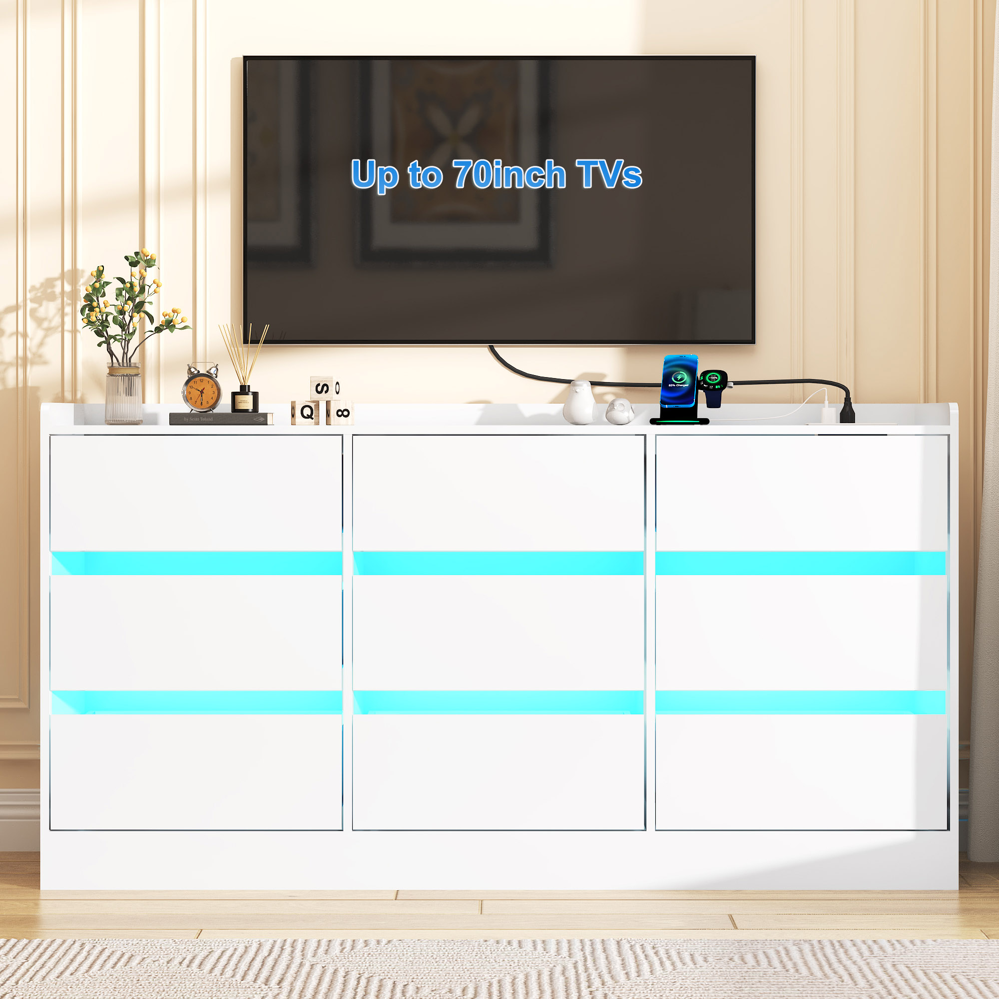 9 Drawer Dresser Chest of Drawer with LED Lights & Charging Station for Bedroom