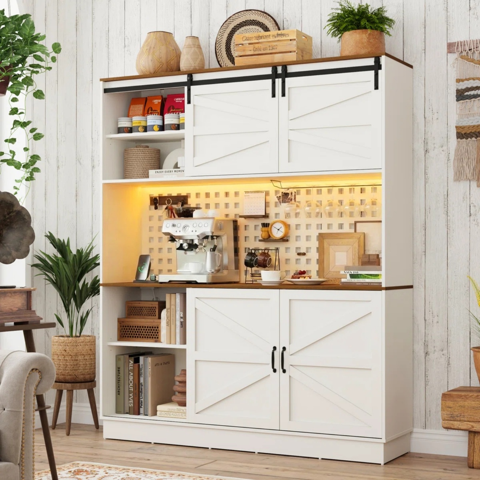 63"W 75"H Farmhouse Coffee Bar Cabinet with Hutch