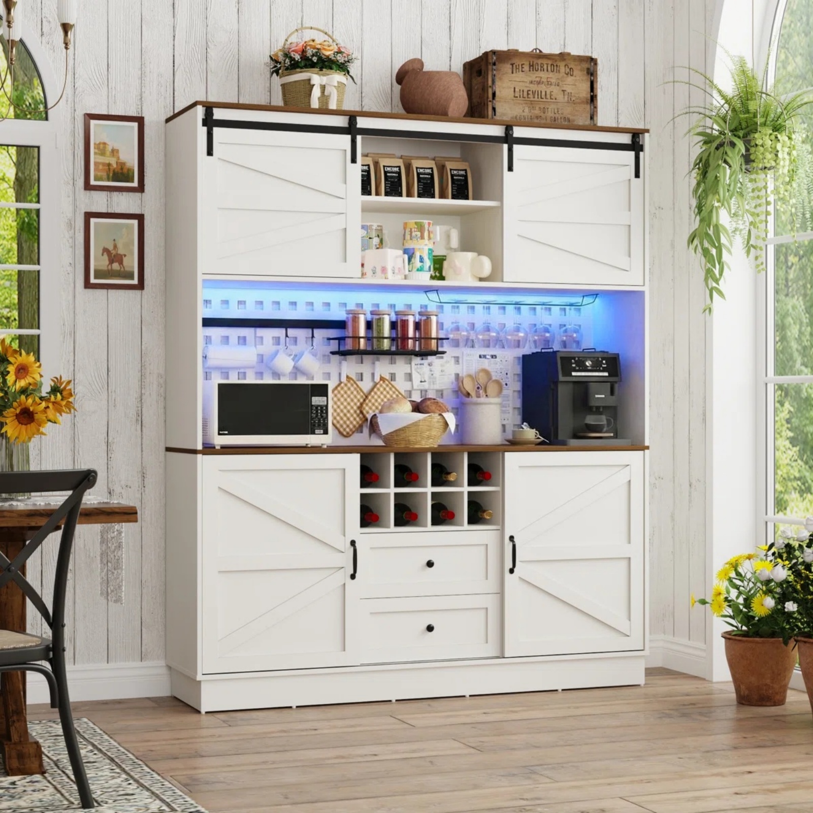 63"W 75"H Farmhouse Coffee Bar Cabinet with Hutch