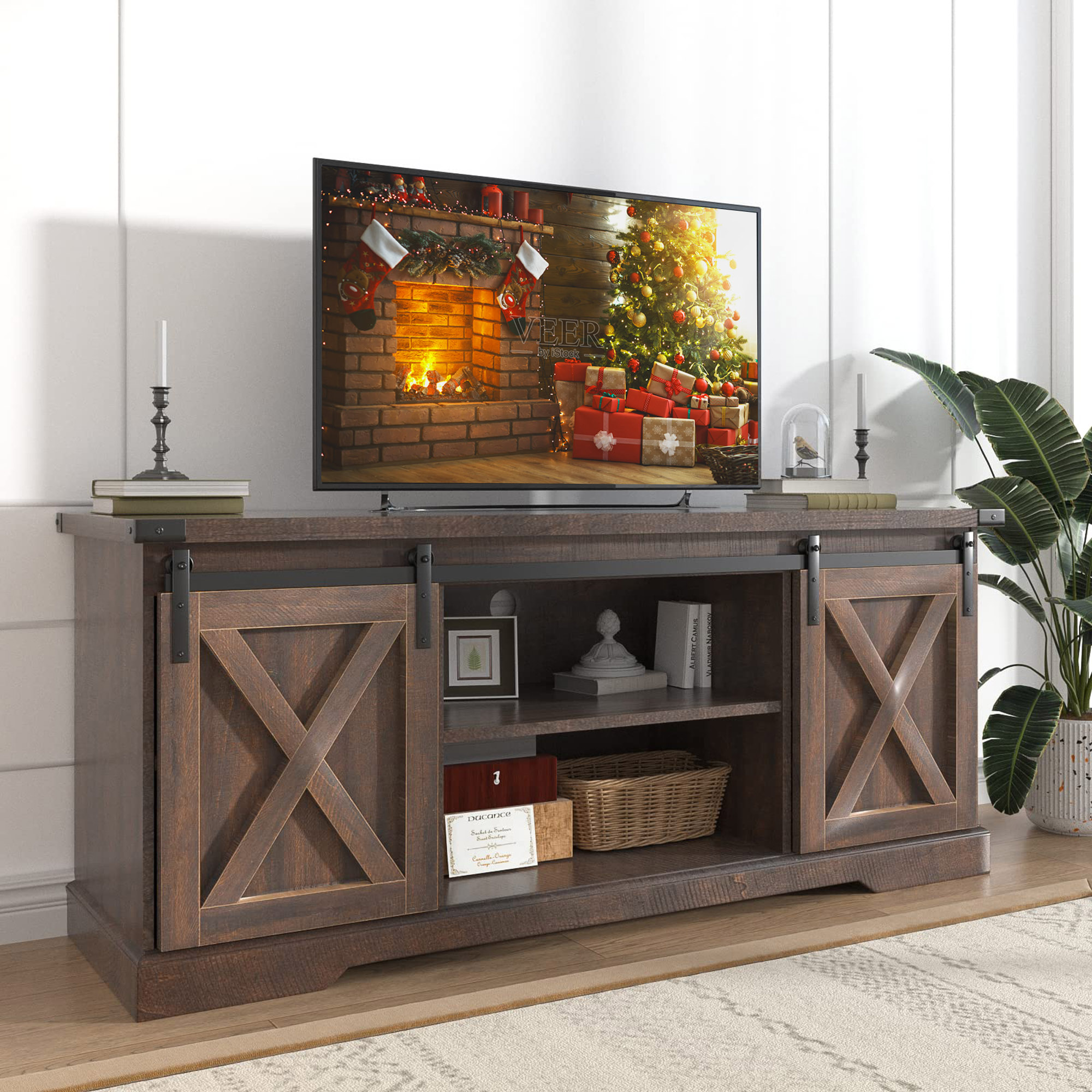 Chvans Farmhouse TV Stand for TVs up to 65 inch & 23" Electric Fireplace, Barn Door Entertainment Center Console Table with Adjustable Shevles