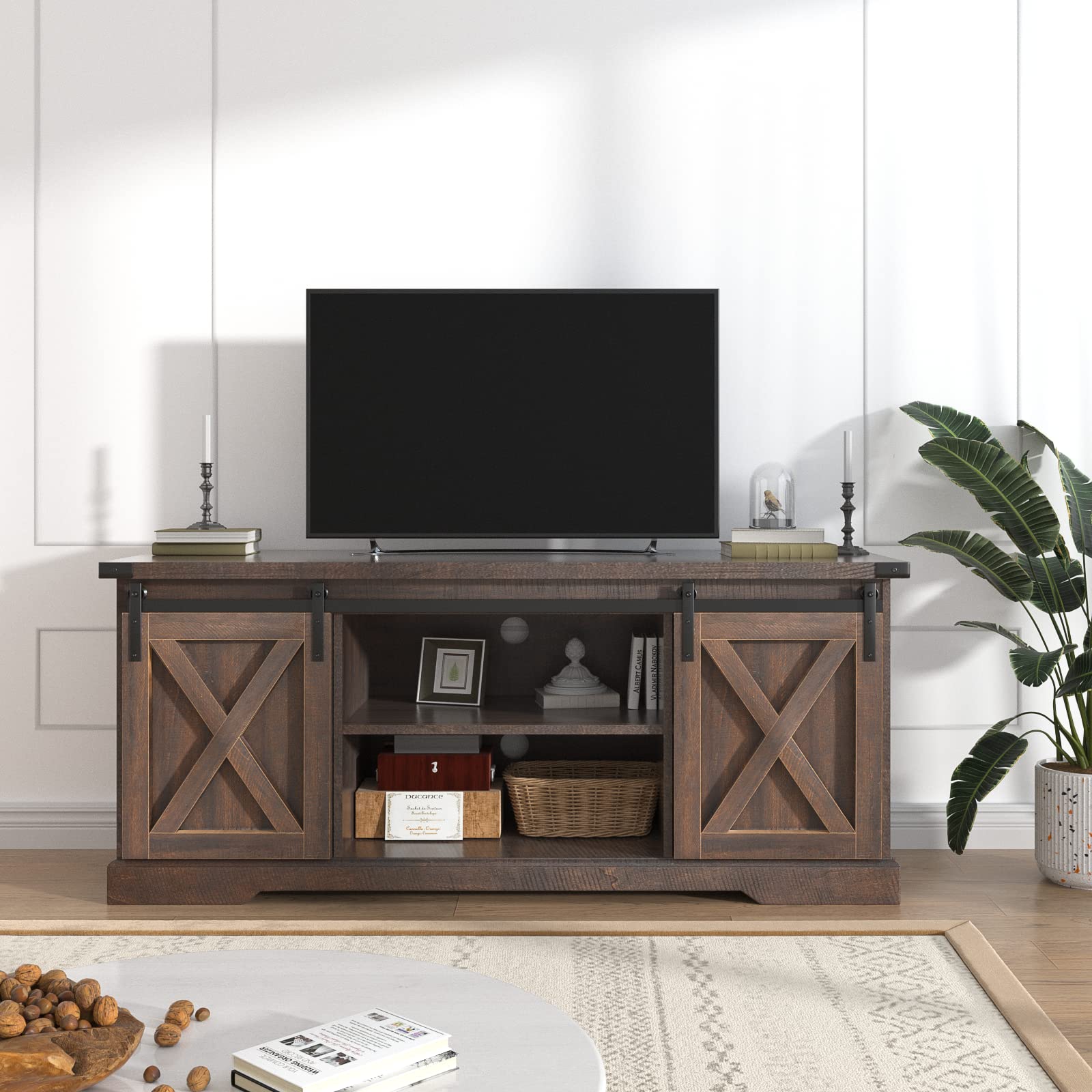 Chvans Farmhouse TV Stand for TVs up to 65 inch & 23" Electric Fireplace, Barn Door Entertainment Center Console Table with Adjustable Shevles