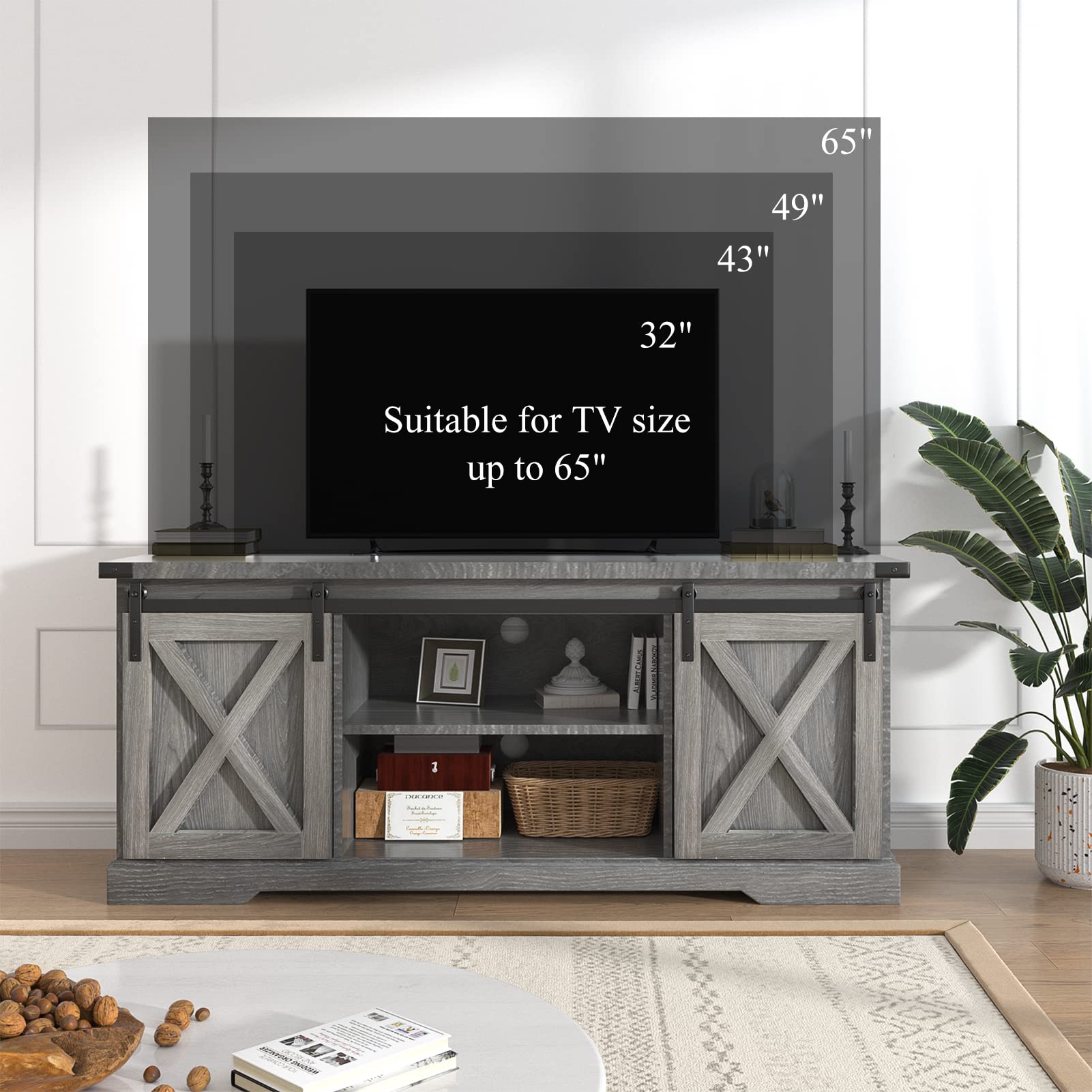 Chvans Farmhouse TV Stand for TVs up to 65 inch & 23" Electric Fireplace, Barn Door Entertainment Center Console Table with Adjustable Shevles