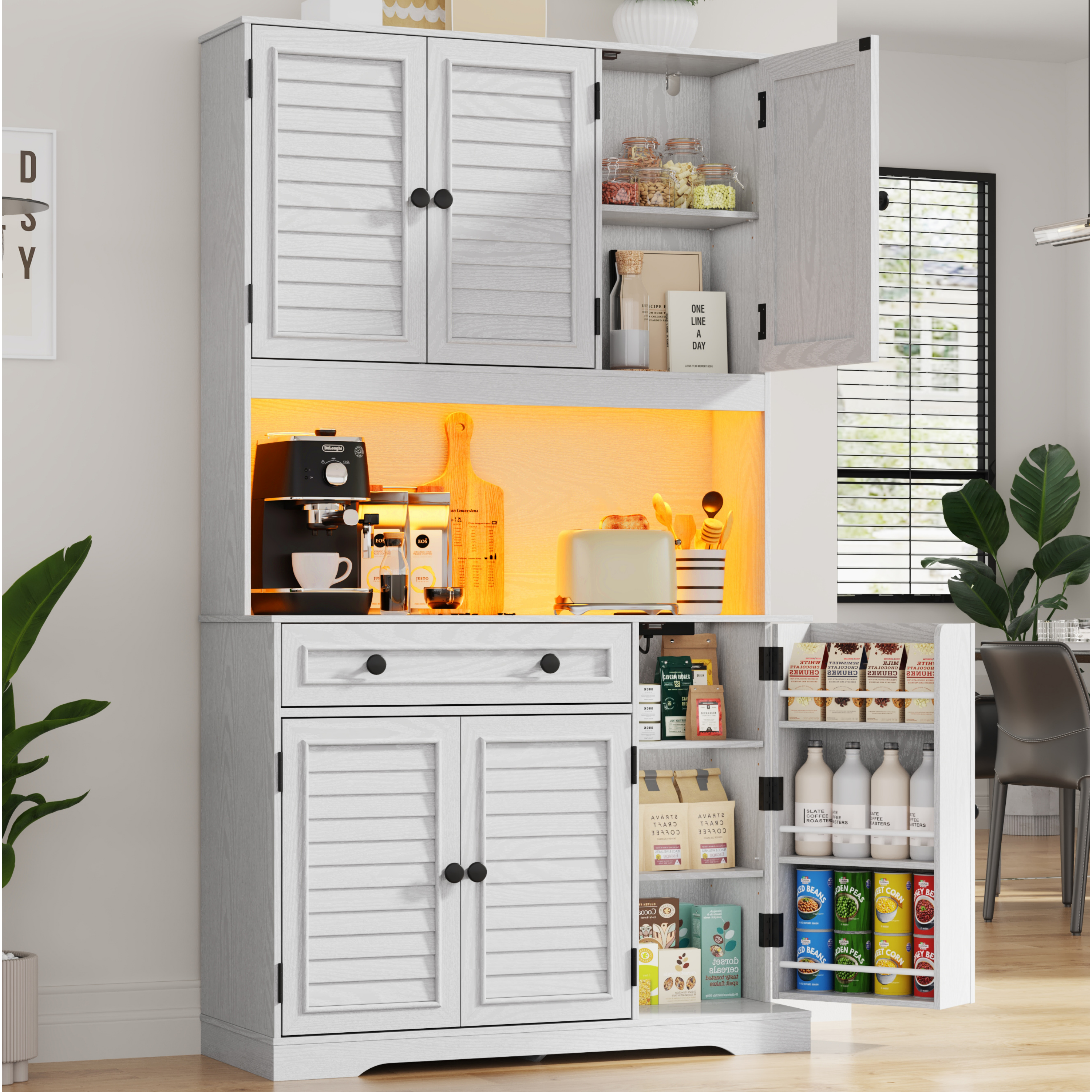 70.9'' Kitchen Pantry Storage Cabinet with drawer and Charging Station, LED Light Kitchen Hutch Cabinet with 3 side food racks
