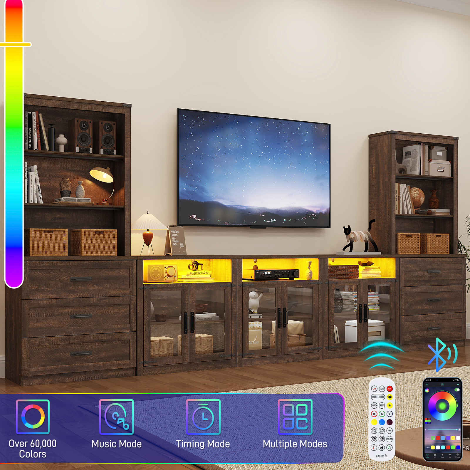 157.5" Entertainment Center with Bookshelves for TVs up to 100", Farmhouse Wall Unit TV Stand with 6 Doors & 6 Drawer & LED Lights, Media Console Table for Living Room, Bedroom & Home Theater, White