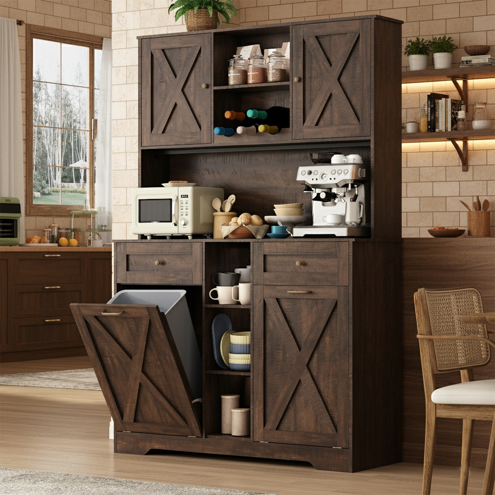 ChVans 71" Tall 47"Wide Kitchen Pantry Cabinet with Charging Station & Microwave Shelf, Farmhouse Kitchen Double Tilt Out Trash Cabinet 10X2 Gallon Garbage Holder with 2 Drawers Storage