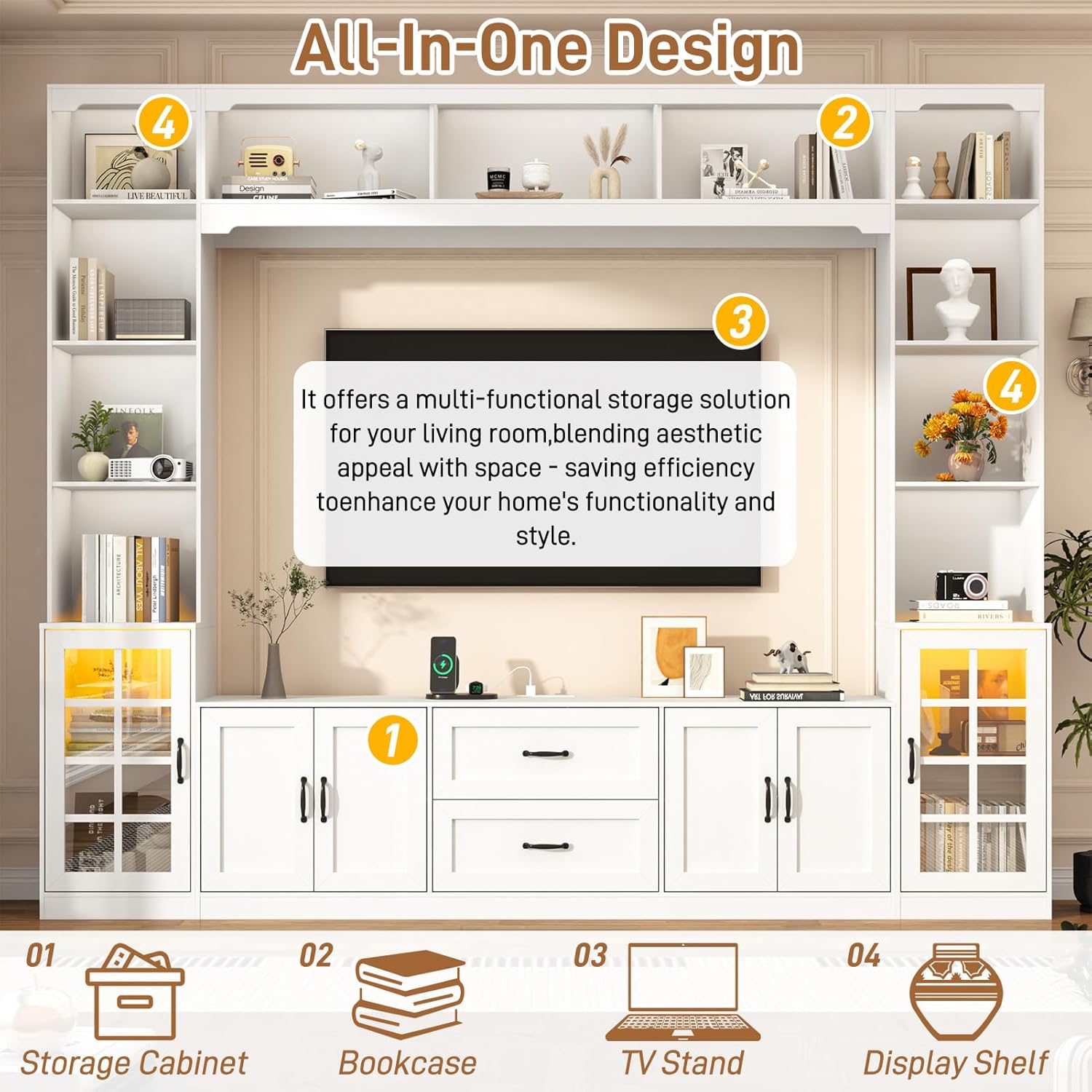 ChVans 103" W Wall Unit TV Stand with Storage for TVs up to 80", Modern TV Console with LED Lights, Entertainment Center with Bookshelves for Living Room