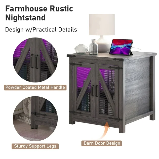 Farmhouse End Table, 24" Large Sofa Side Table with LED Lights & Charging Station, Mesh Barn Door, and Adjustable Storage Shelf, Rustic Wood Square Nightstand for Living Room, Bedroom, Office