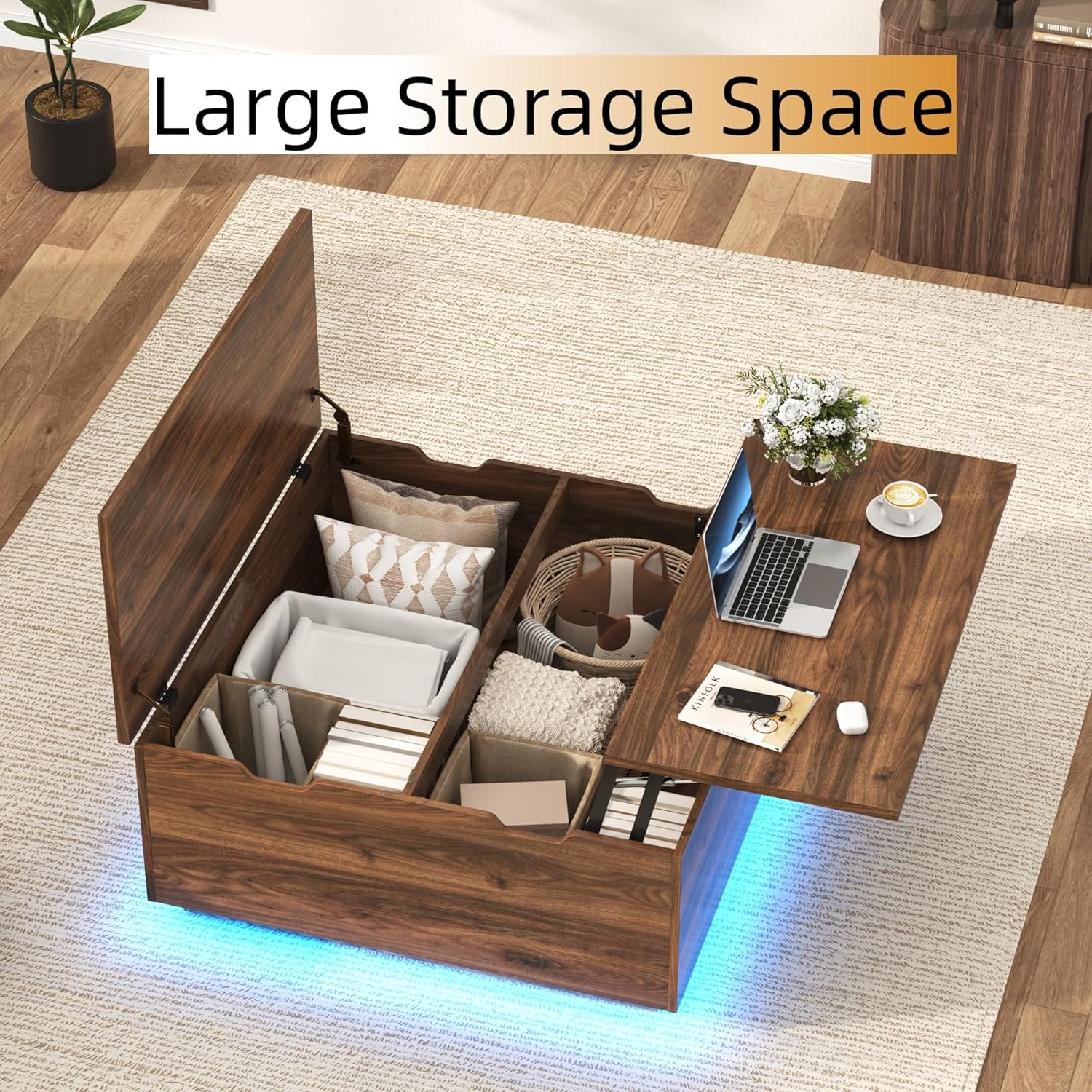 Lift Top Coffee Table with Led Light and Charging Station, 36" Modern Walnut finish Coffee Table with Large Hidden Space, Square Center Coffee Tables for Living Room, Office