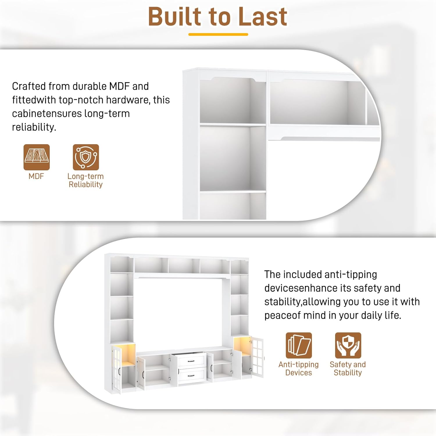 ChVans 103" W Wall Unit TV Stand with Storage for TVs up to 80", Modern TV Console with LED Lights, Entertainment Center with Bookshelves for Living Room