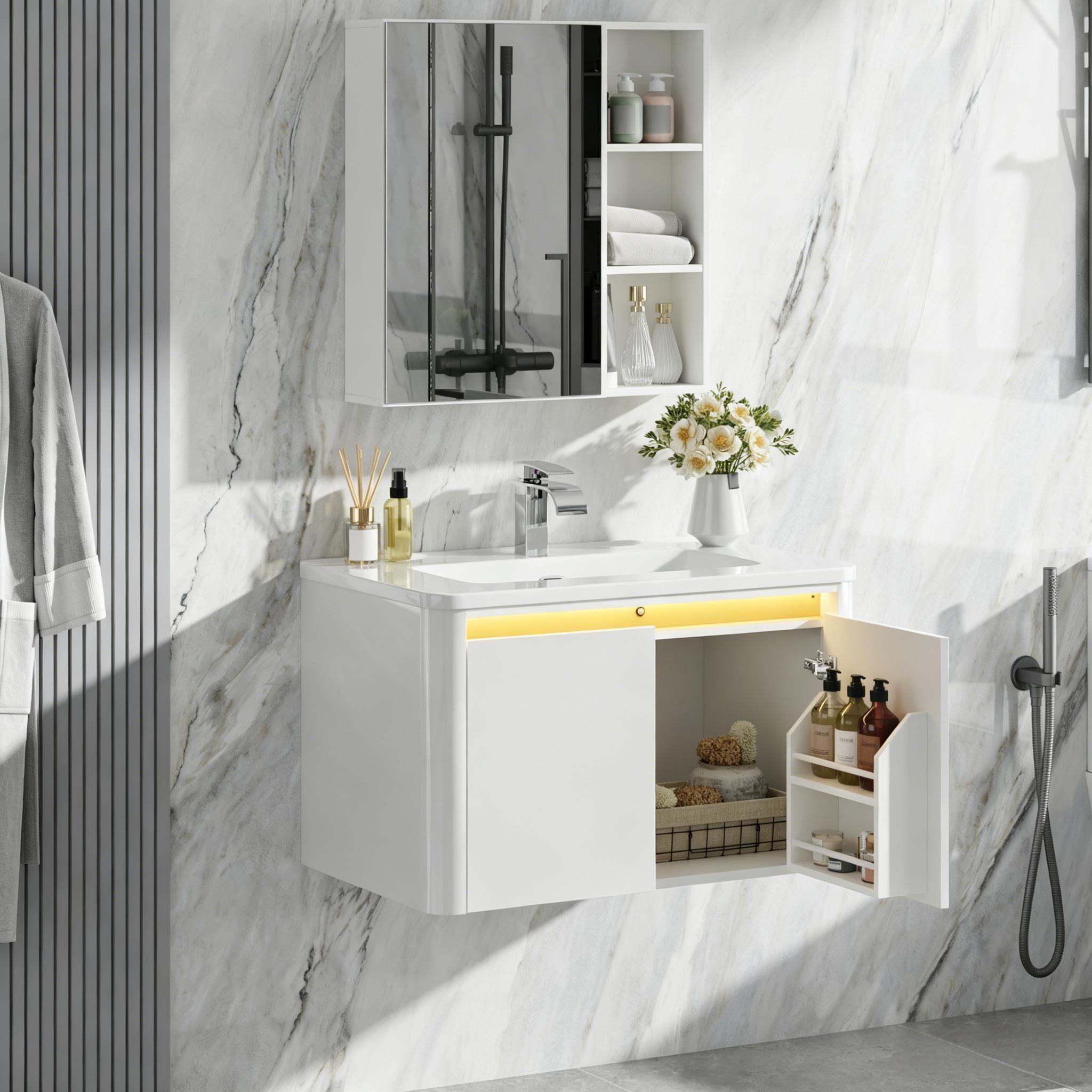36 Inch Wall Mounted Bathroom Vanity with Sink and Mirror Cabinet,Modern Floating Bathroom Storage Cabinet with 2 Drawers and Soft Closing Door