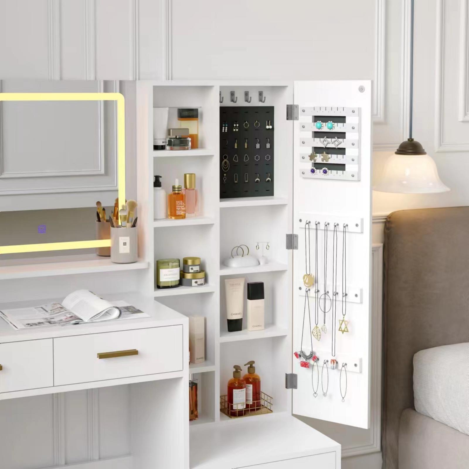 ChVans Makeup Vanity Desk with LED Lighted Mirror & Power Outlet, 45'' Modern Vanity Desk with Jewelry Cabinet, 4 Drawers, Lots Storage Shelves & Adjustable Brightness for Women, Girls Gift