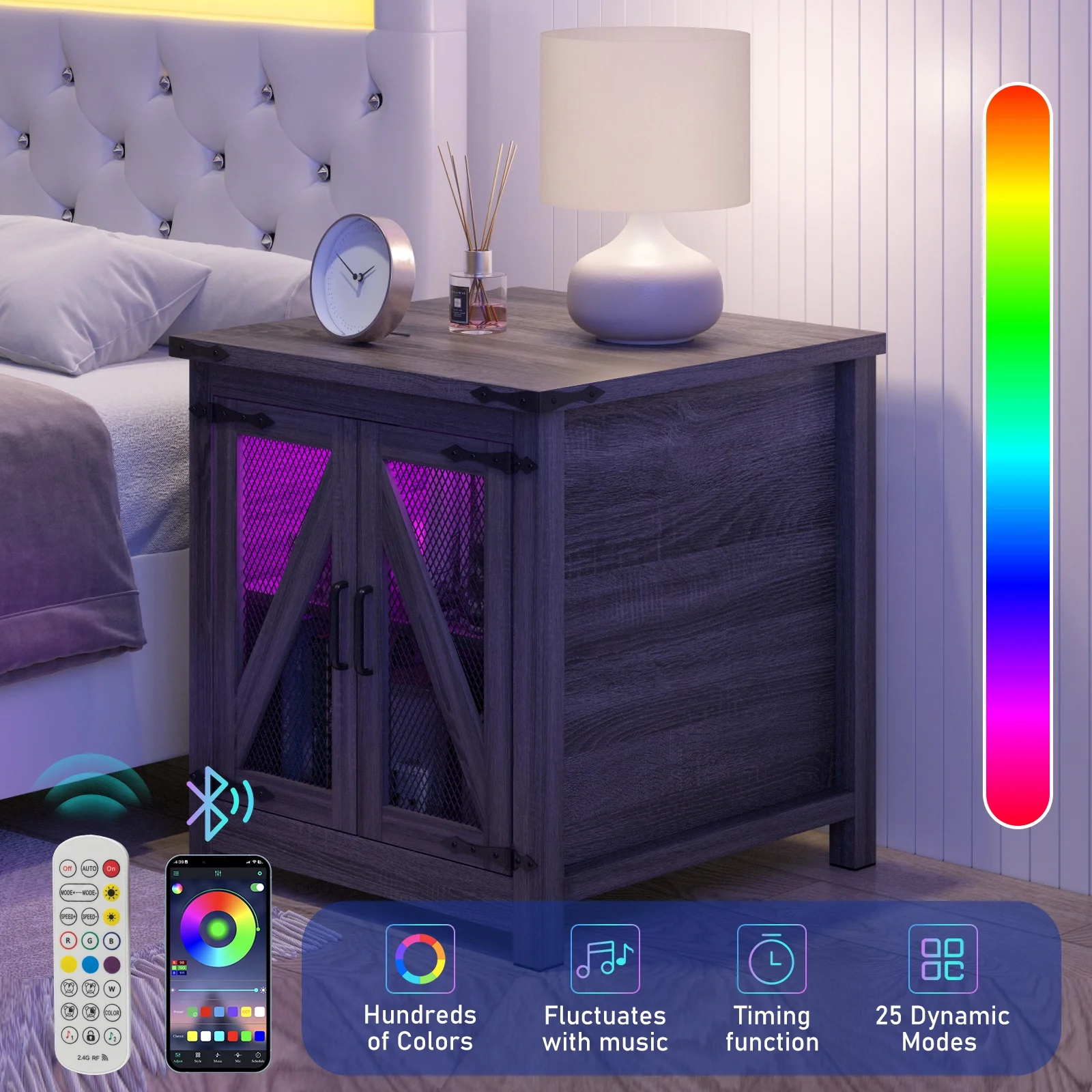 Farmhouse End Table, 24" Large Sofa Side Table with LED Lights & Charging Station, Mesh Barn Door, and Adjustable Storage Shelf, Rustic Wood Square Nightstand for Living Room, Bedroom, Office