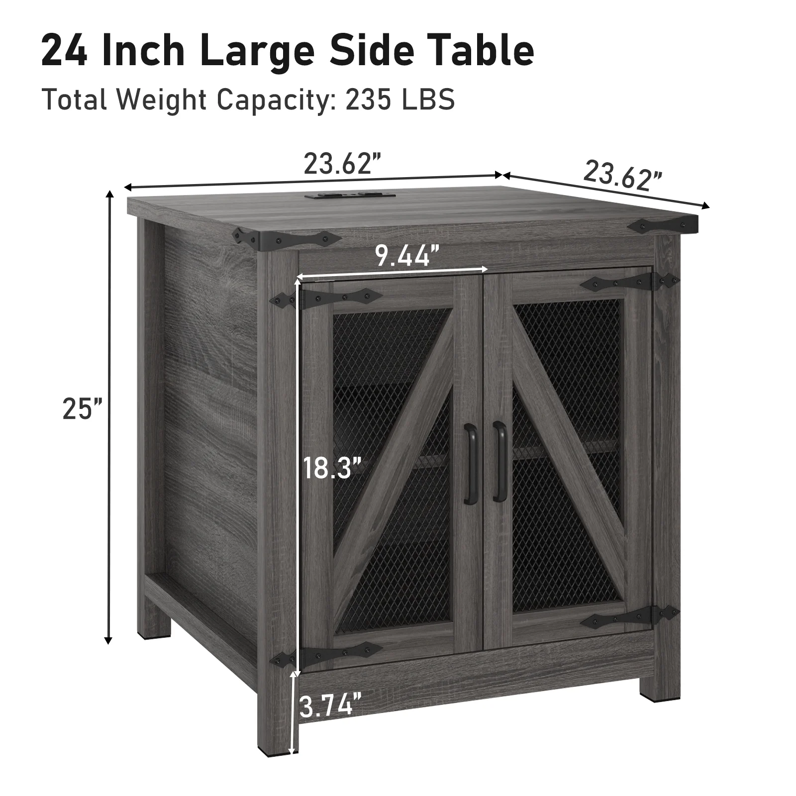 Farmhouse End Table, 24" Large Sofa Side Table with LED Lights & Charging Station, Mesh Barn Door, and Adjustable Storage Shelf, Rustic Wood Square Nightstand for Living Room, Bedroom, Office