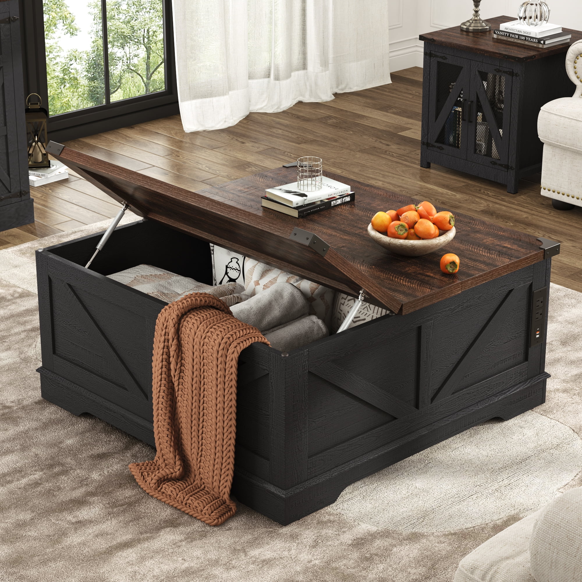 ChVans 35.6" Square Lift Top Coffee Table, Farmhouse Coffee Table with Storage & Charging Ports, Wood Center Table w/Large Hidden Space for Living Room Home Office, Brown