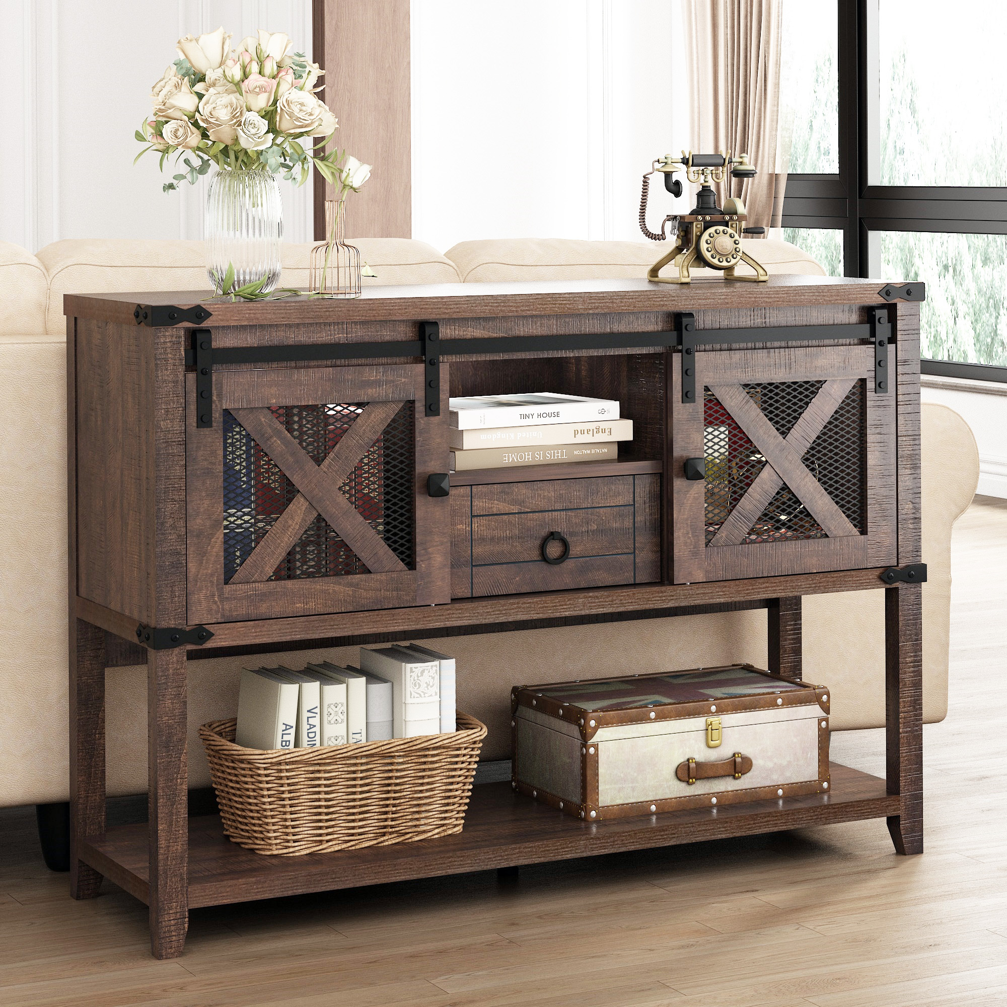 Rustic Sofa Table, Large Console Table Entryway Table with 2 Barn Door Cabinets & 1 Drawer for Living Room