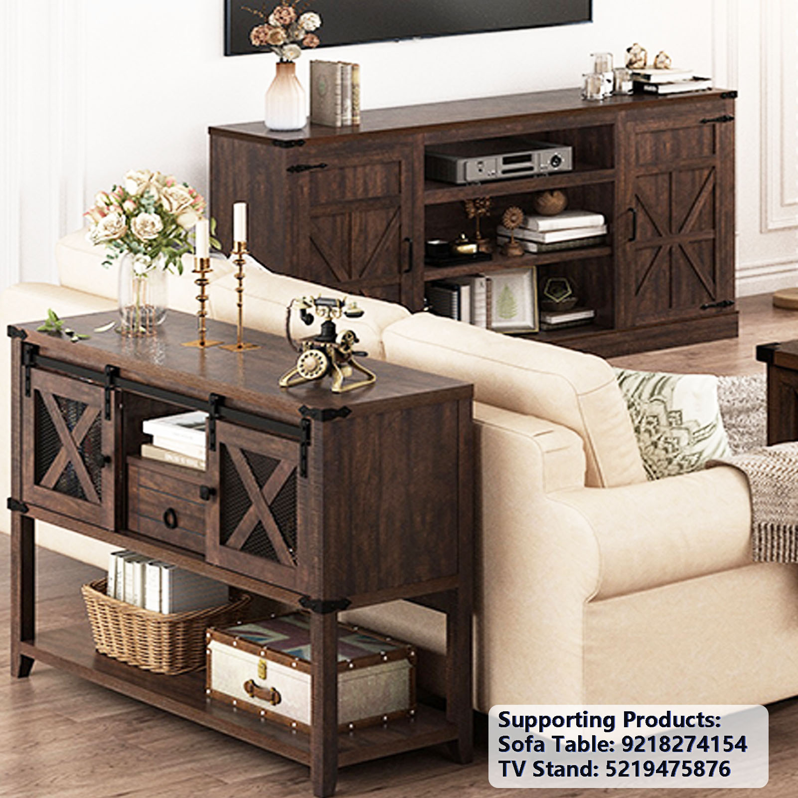 Rustic Sofa Table, Large Console Table Entryway Table with 2 Barn Door Cabinets & 1 Drawer for Living Room