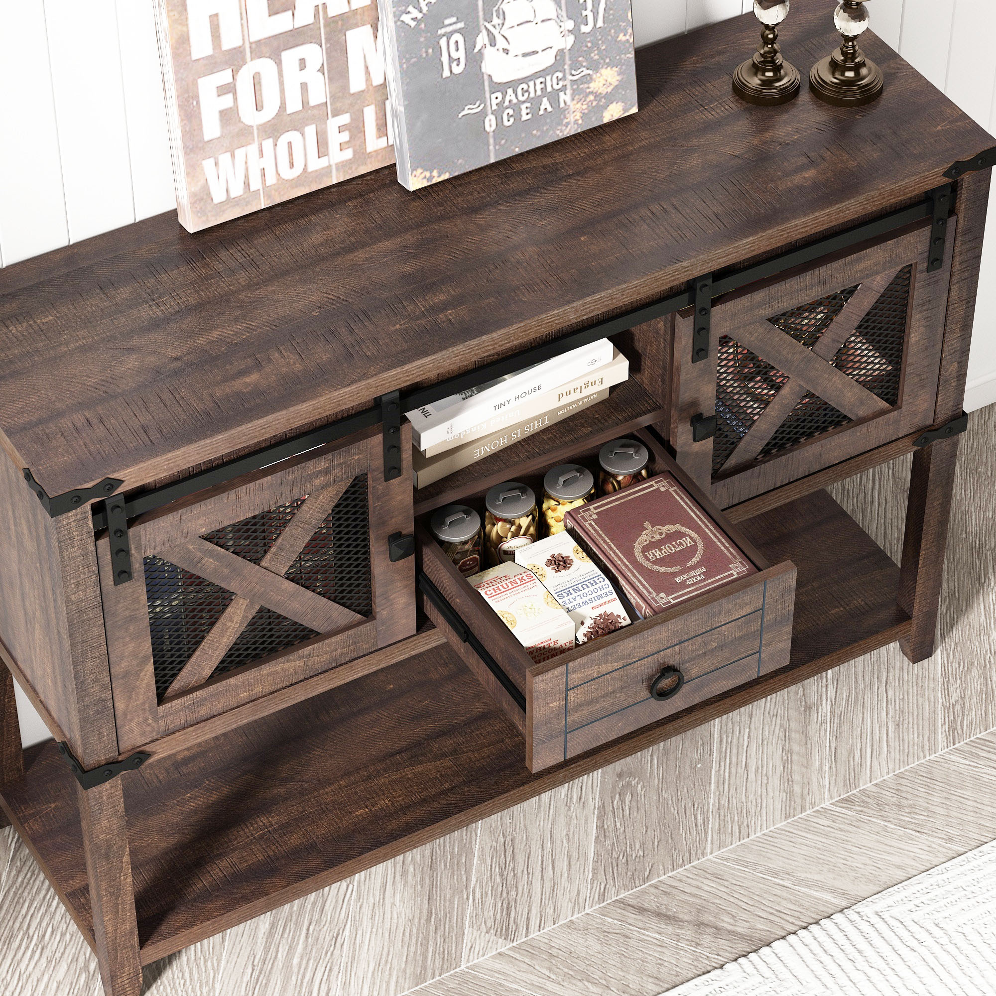 Rustic Sofa Table, Large Console Table Entryway Table with 2 Barn Door Cabinets & 1 Drawer for Living Room