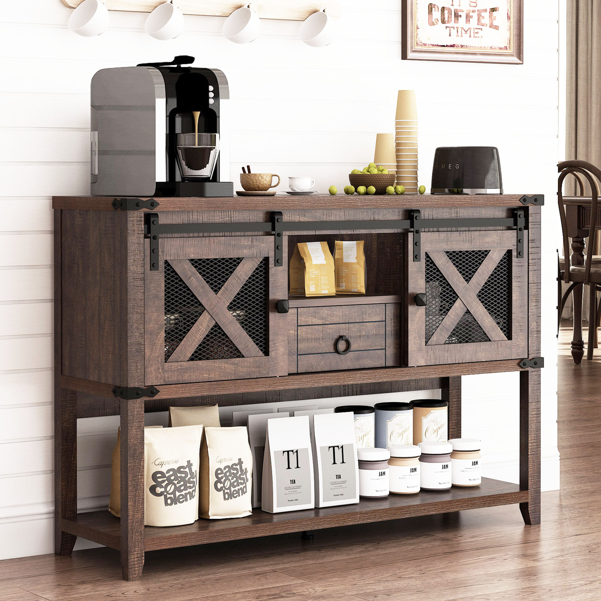 Rustic Sofa Table, Large Console Table Entryway Table with 2 Barn Door Cabinets & 1 Drawer for Living Room