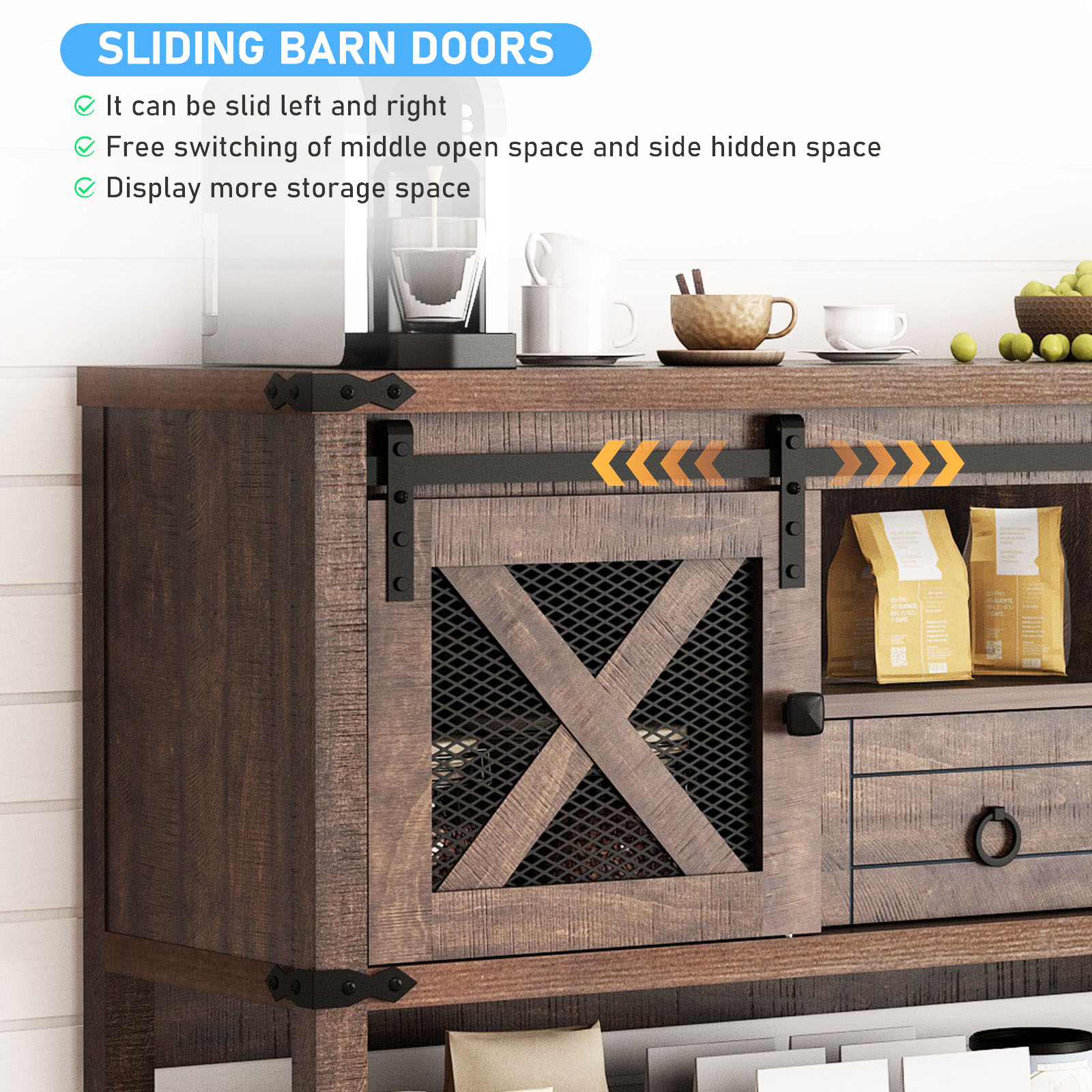 Rustic Sofa Table, Large Console Table Entryway Table with 2 Barn Door Cabinets & 1 Drawer for Living Room