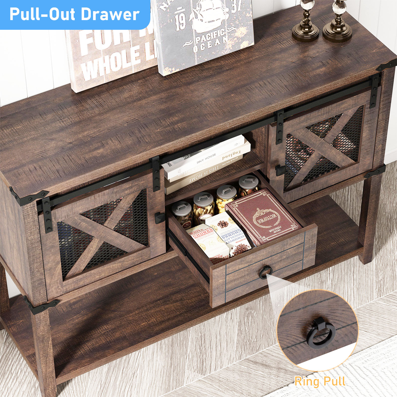 Rustic Sofa Table, Large Console Table Entryway Table with 2 Barn Door Cabinets & 1 Drawer for Living Room