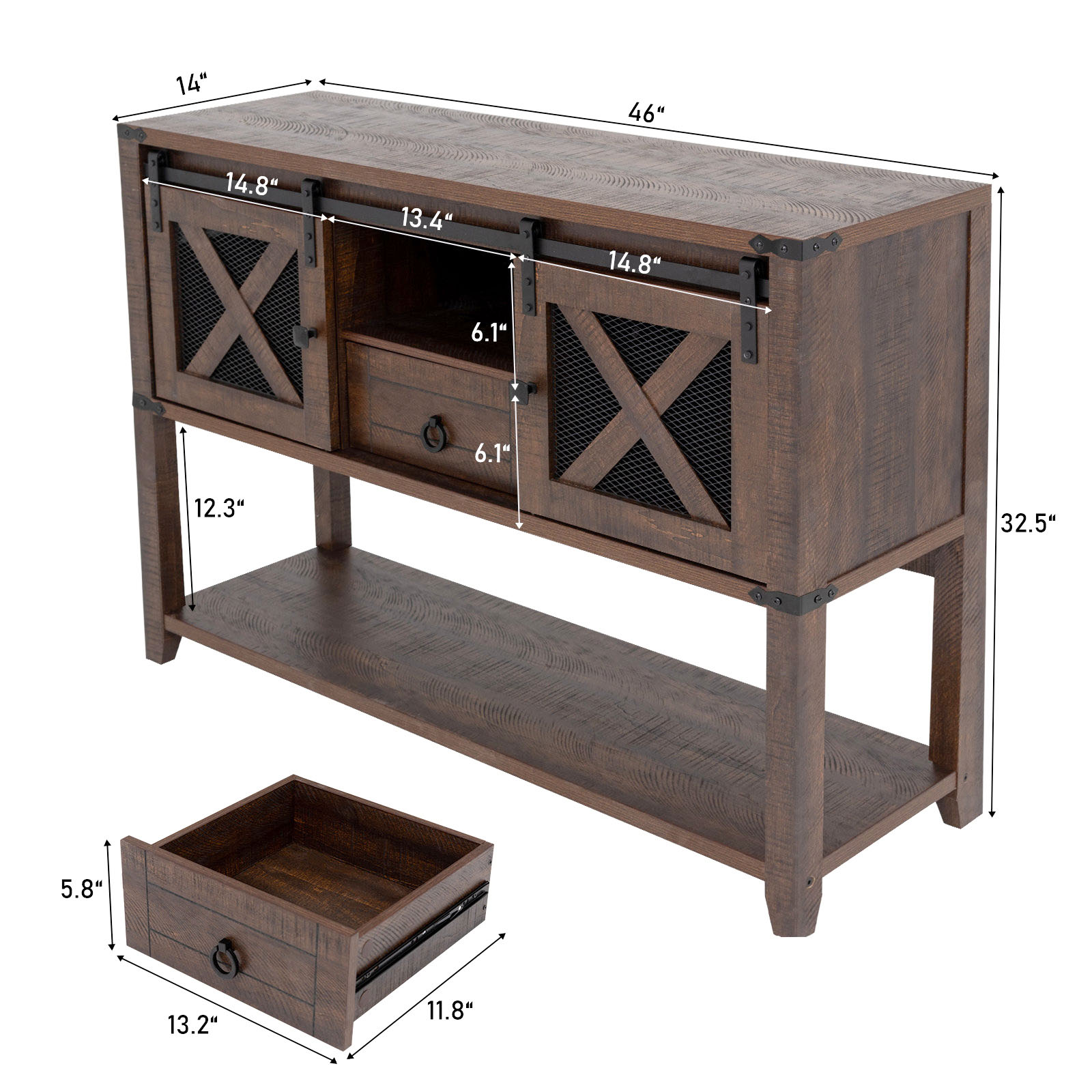 Rustic Sofa Table, Large Console Table Entryway Table with 2 Barn Door Cabinets & 1 Drawer for Living Room