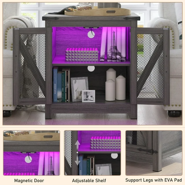 Farmhouse End Table, 24" Large Sofa Side Table with LED Lights & Charging Station, Mesh Barn Door, and Adjustable Storage Shelf, Rustic Wood Square Nightstand for Living Room, Bedroom, Office