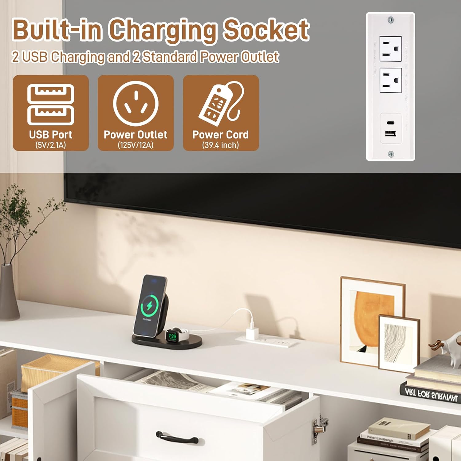 ChVans 103" W Wall Unit TV Stand with Storage for TVs up to 80", Modern TV Console with LED Lights, Entertainment Center with Bookshelves for Living Room