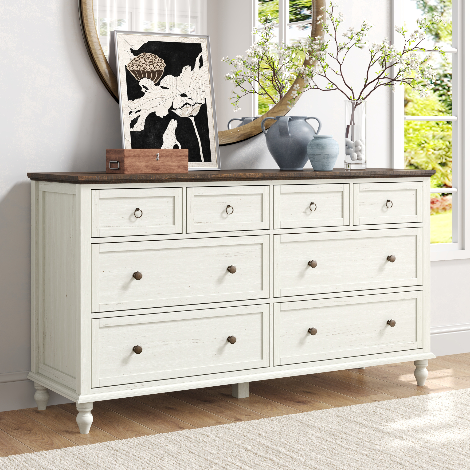 ChVans 8 Drawer Dresser for Bedroom, Modern Farmhouse Wood Wide Chest of Drawers, Storage Dressers for Bedroom, Living Room & Hallway