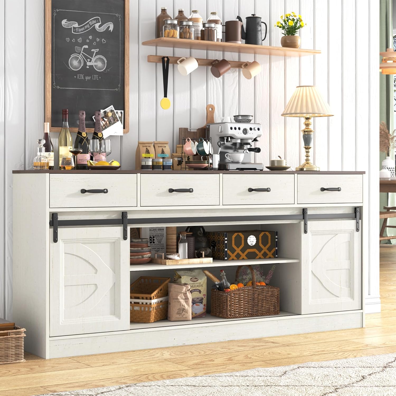 Farmhouse Buffet Cabinet, 70” Large Sideboard Cabinet with 3 Drawer, Rustic Storage Cabinets with Sliding Barn Door, Coffee Bar for Dinning Room, Kitchen, Hallway, and Living Room