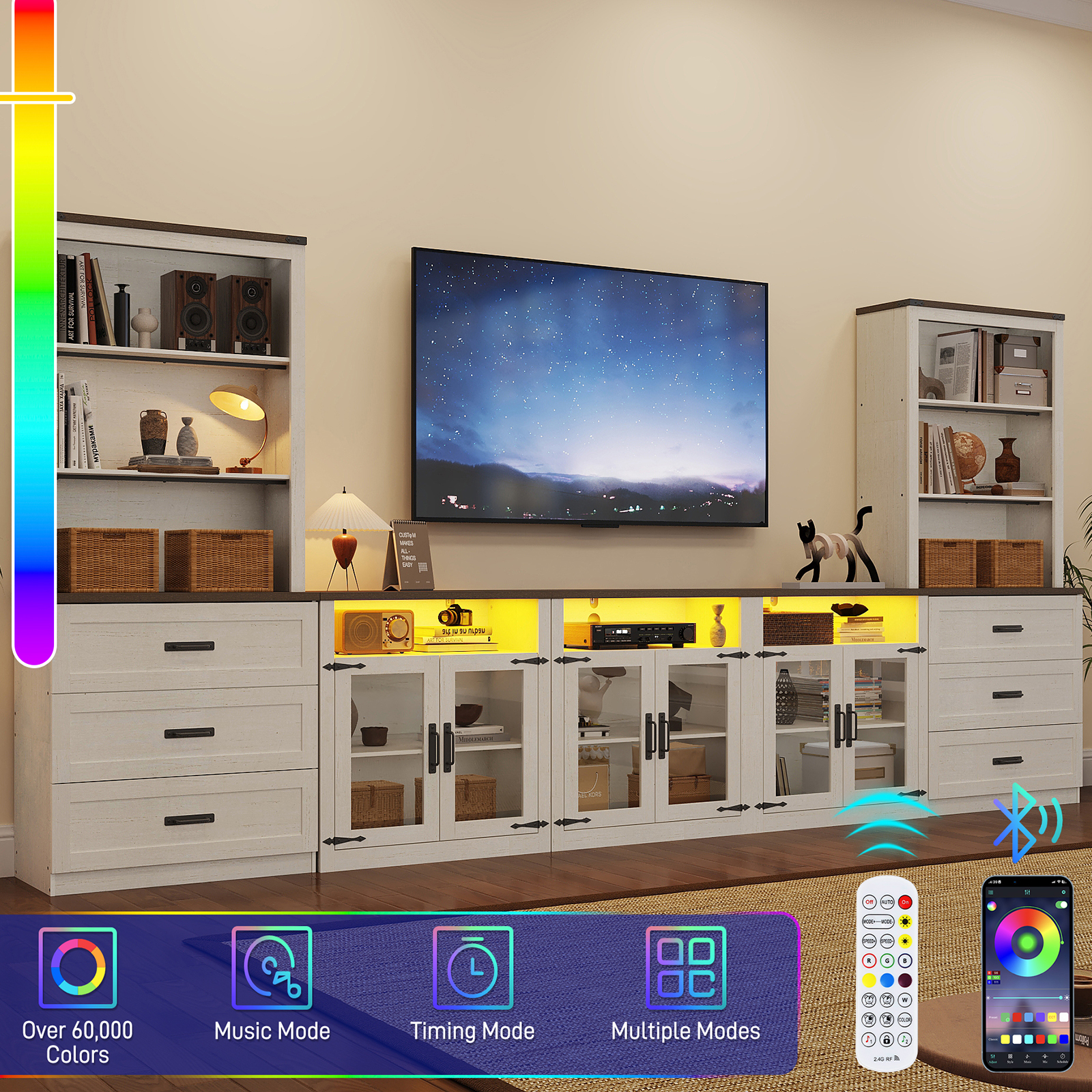 157.5" Entertainment Center with Bookshelves for TVs up to 100", Farmhouse Wall Unit TV Stand with 6 Doors & 6 Drawer & LED Lights, Media Console Table for Living Room, Bedroom & Home Theater, White