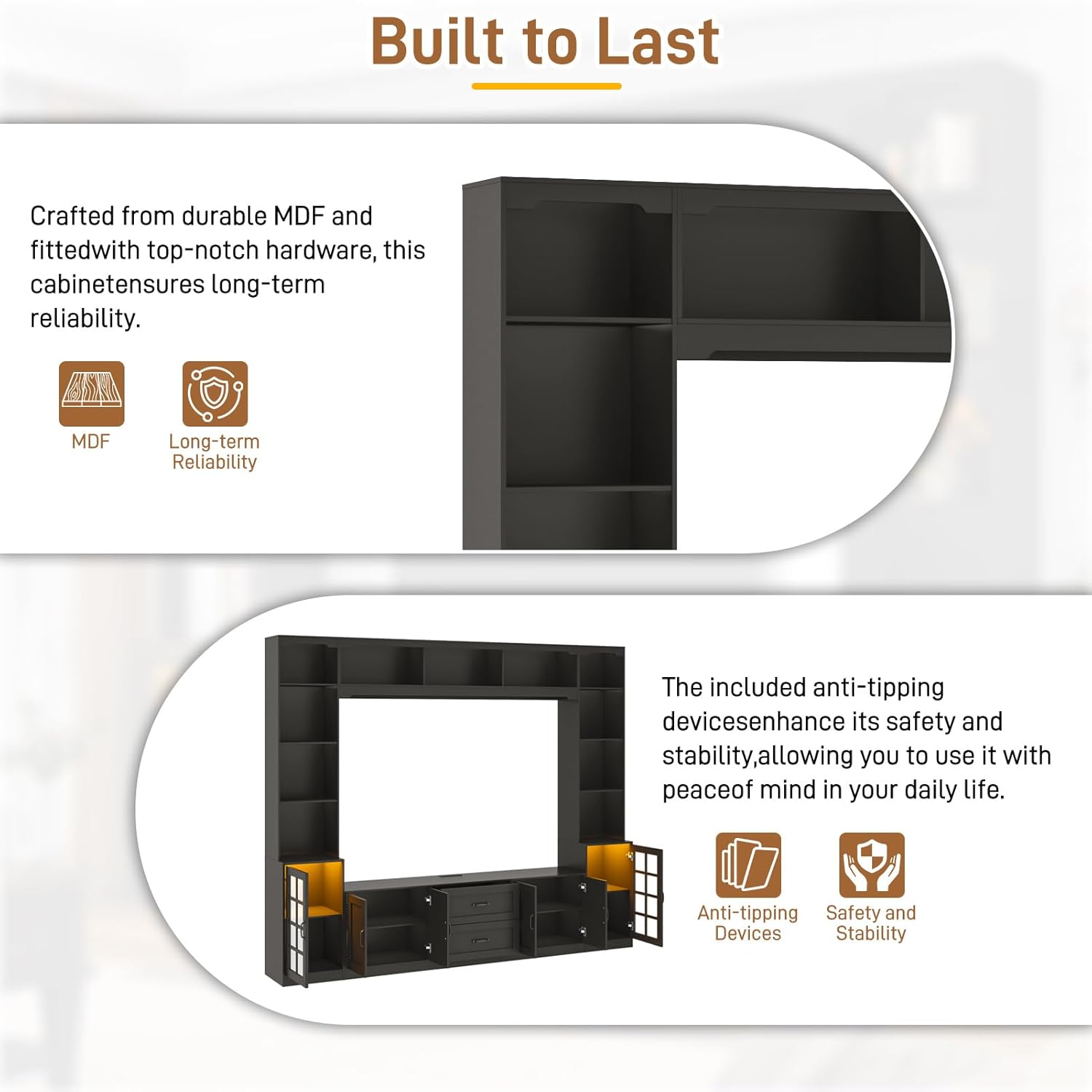 ChVans 103" W Wall Unit TV Stand with Storage for TVs up to 80", Modern TV Console with LED Lights, Entertainment Center with Bookshelves for Living Room