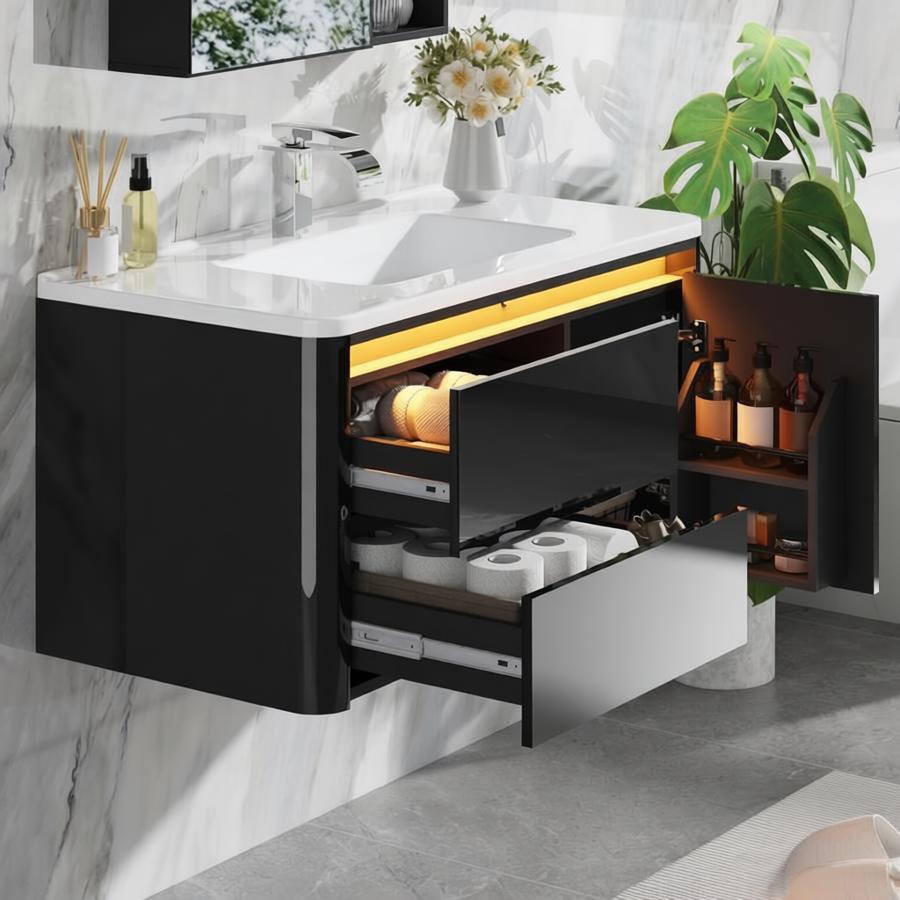 36 Inch Wall Mounted Bathroom Vanity with Sink and Mirror Cabinet,Modern Floating Bathroom Storage Cabinet with 2 Drawers and Soft Closing Door