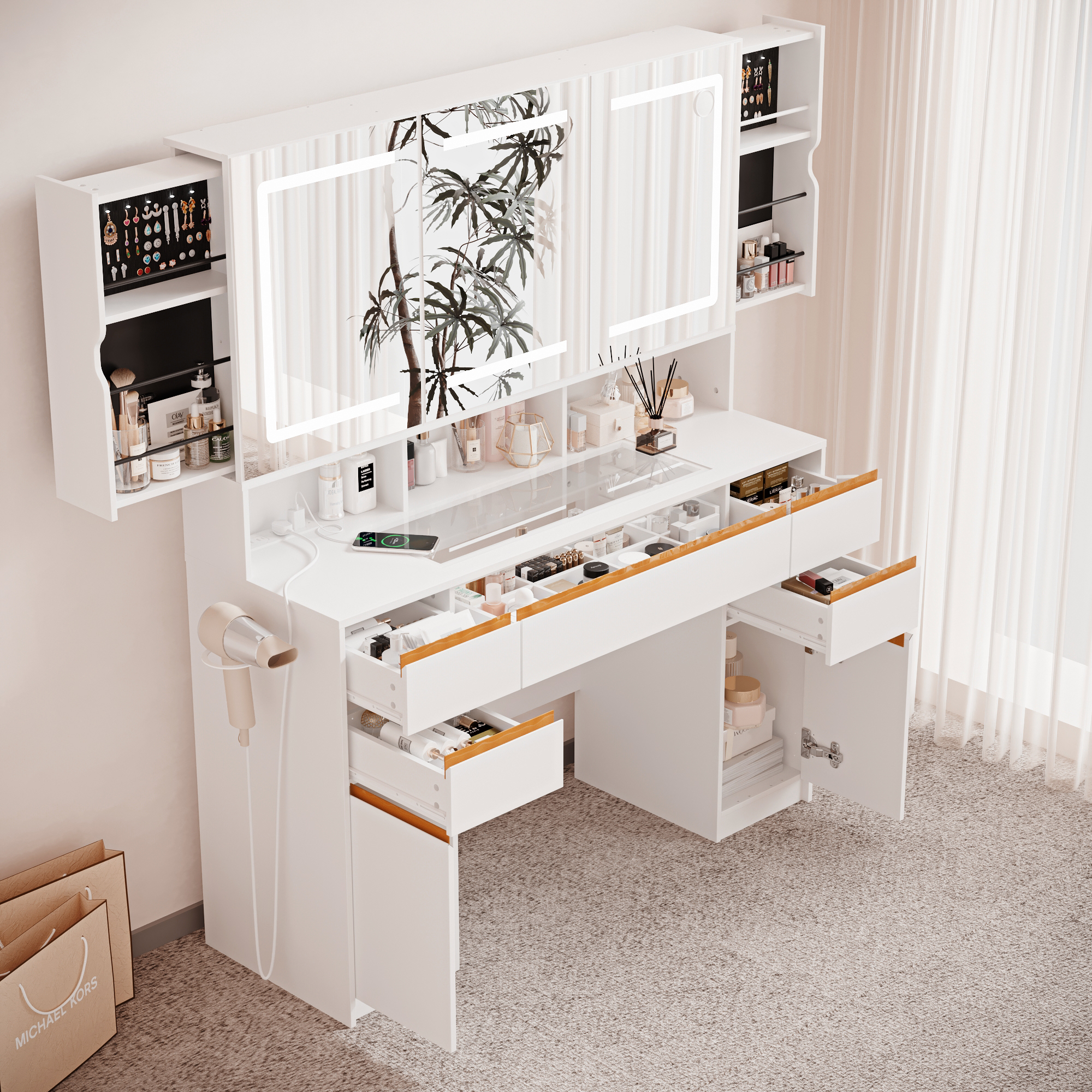 ChVans 47'' Vanity Desk with Large LED Lighted Mirror & Power Outlet, Makeup Vanity with 3 Light Modes, Glass Top, 5 Drawers & 2 Cabinets for Women, Girls Gift