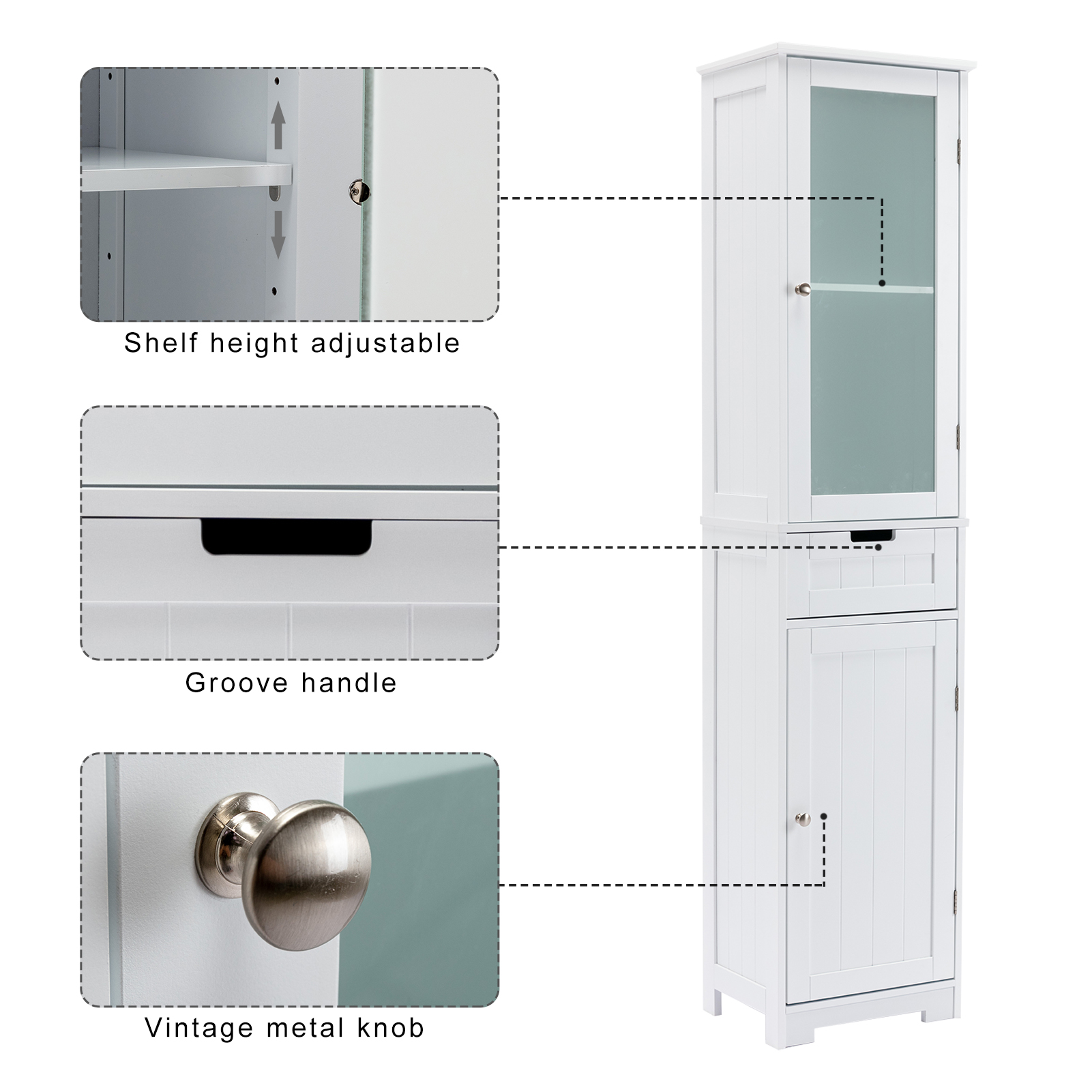 CAIDI Bathroom Storage Cabinet, White Linen Cabinet, Narrow Tall Cabinet Storage Tower with Door and Drawer for Kitchen Living Room