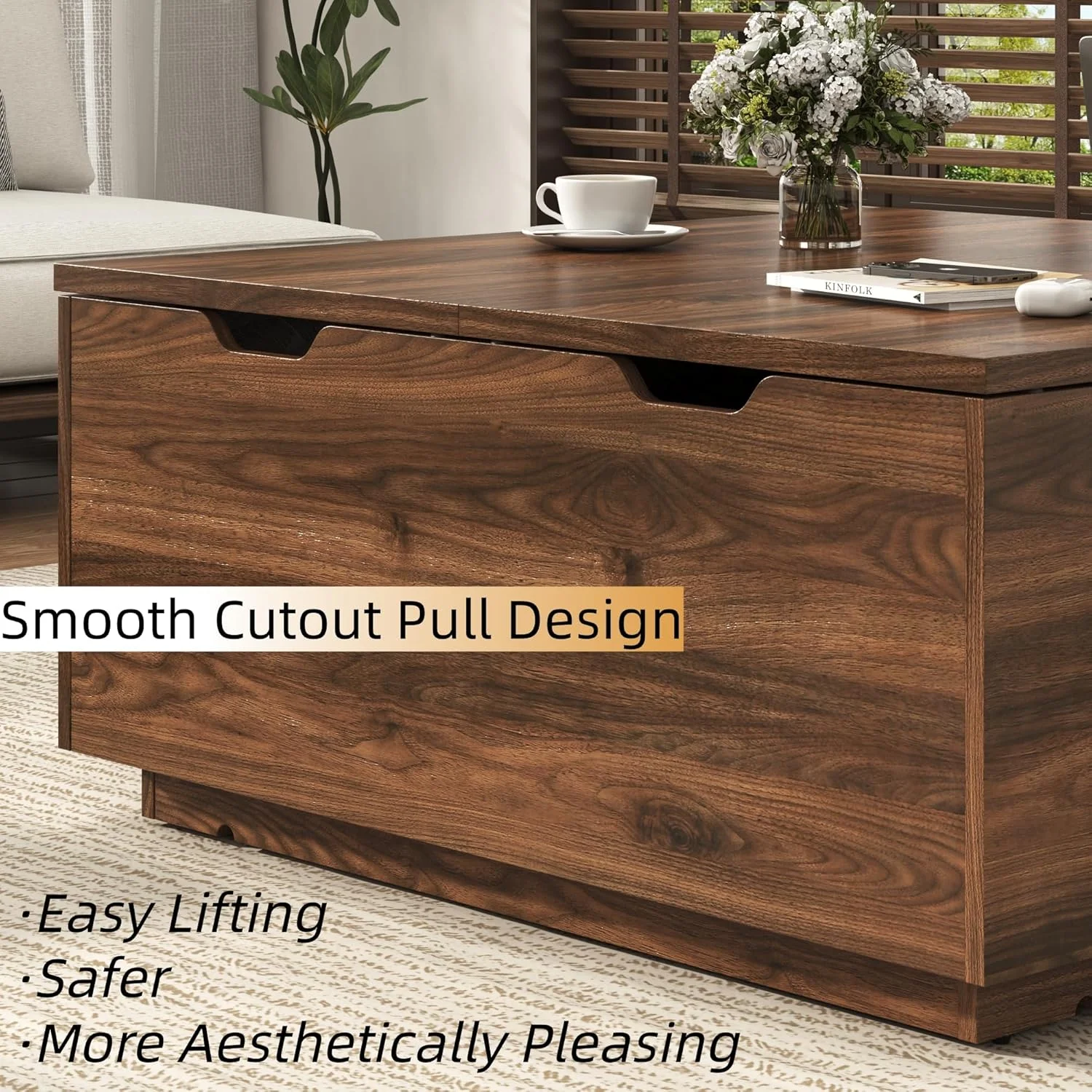 Lift Top Coffee Table with Led Light and Charging Station, 36" Modern Walnut finish Coffee Table with Large Hidden Space, Square Center Coffee Tables for Living Room, Office