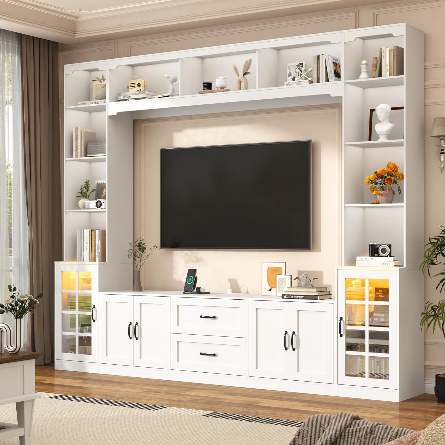 ChVans 103" W Wall Unit TV Stand with Storage for TVs up to 80", Modern TV Console with LED Lights, Entertainment Center with Bookshelves for Living Room