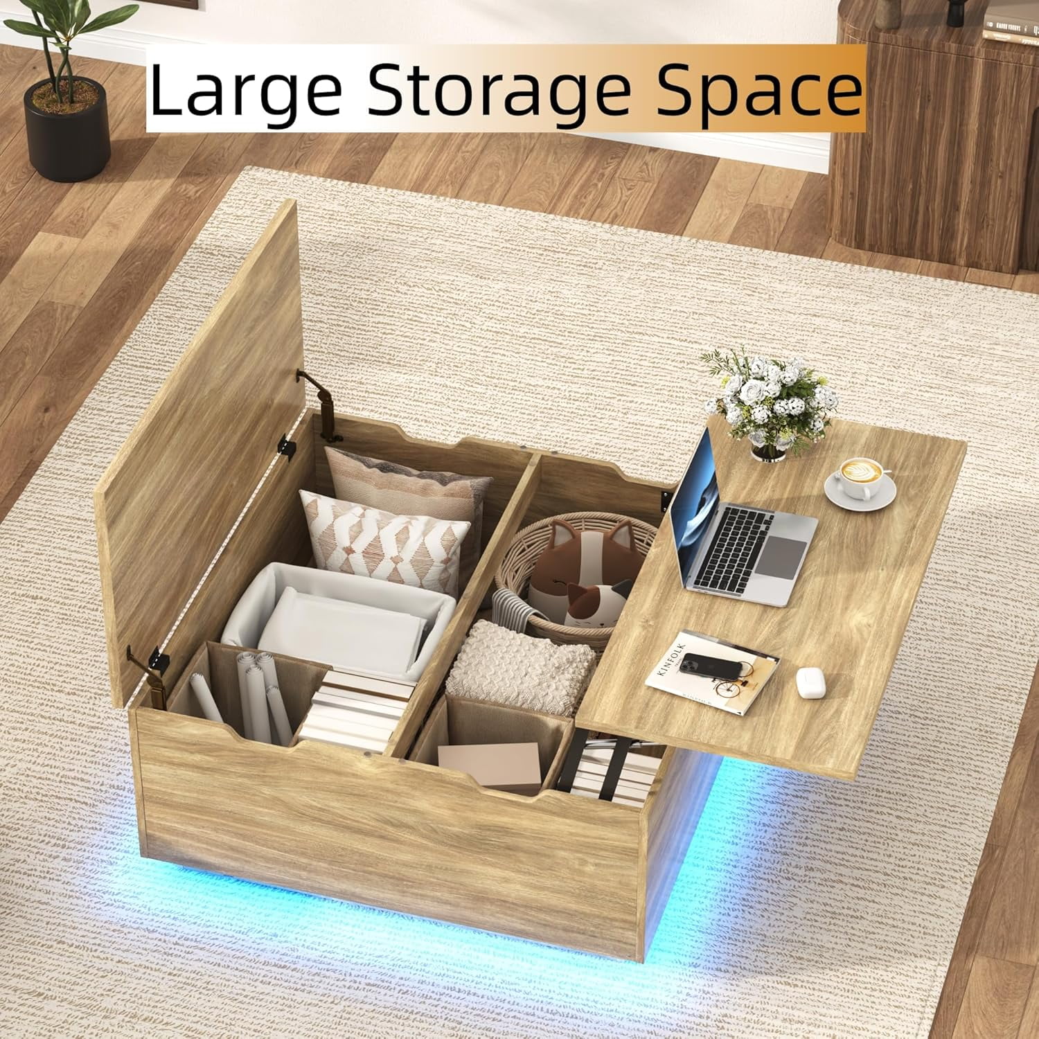 Lift Top Coffee Table with Led Light and Charging Station, 36" Modern Walnut finish Coffee Table with Large Hidden Space, Square Center Coffee Tables for Living Room, Office