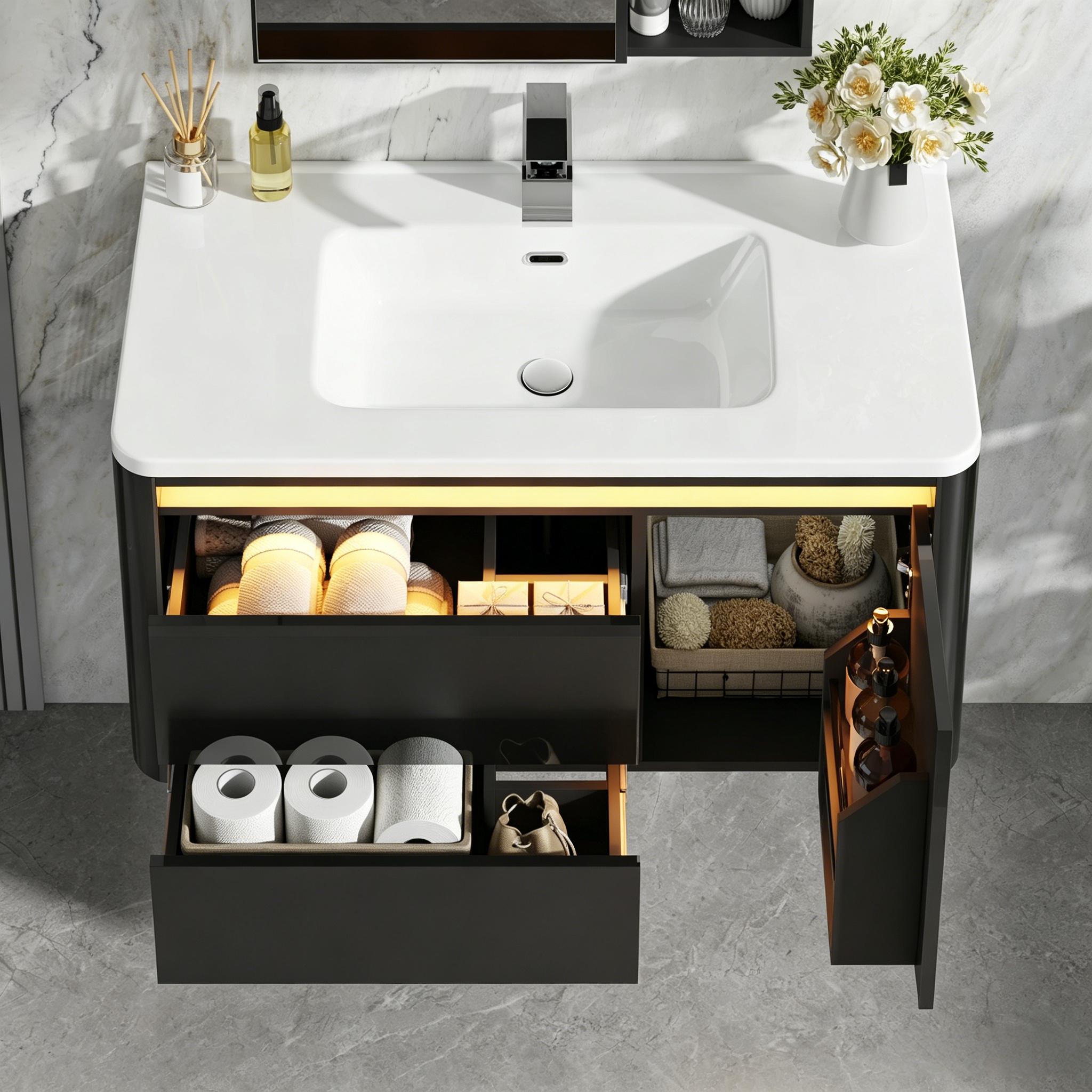 36 Inch Wall Mounted Bathroom Vanity with Sink and Mirror Cabinet,Modern Floating Bathroom Storage Cabinet with 2 Drawers and Soft Closing Door