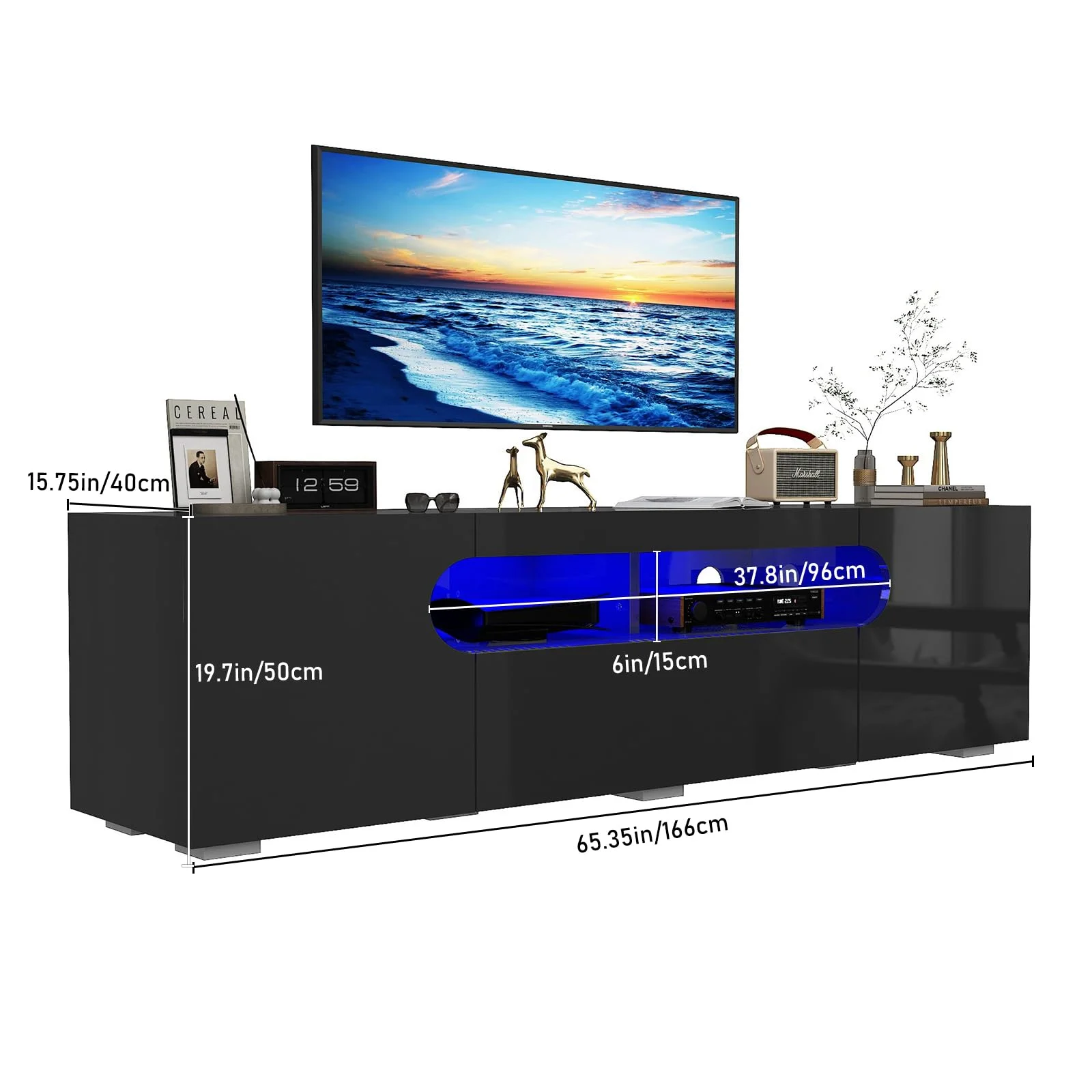 ChVans LED TV Stand for 55/65" TV, Living Room Entertainment Center w/RGB LED Lights & Storage Drawers Furniture, Black High Gloss TV Cabinet Console Table-51.2"