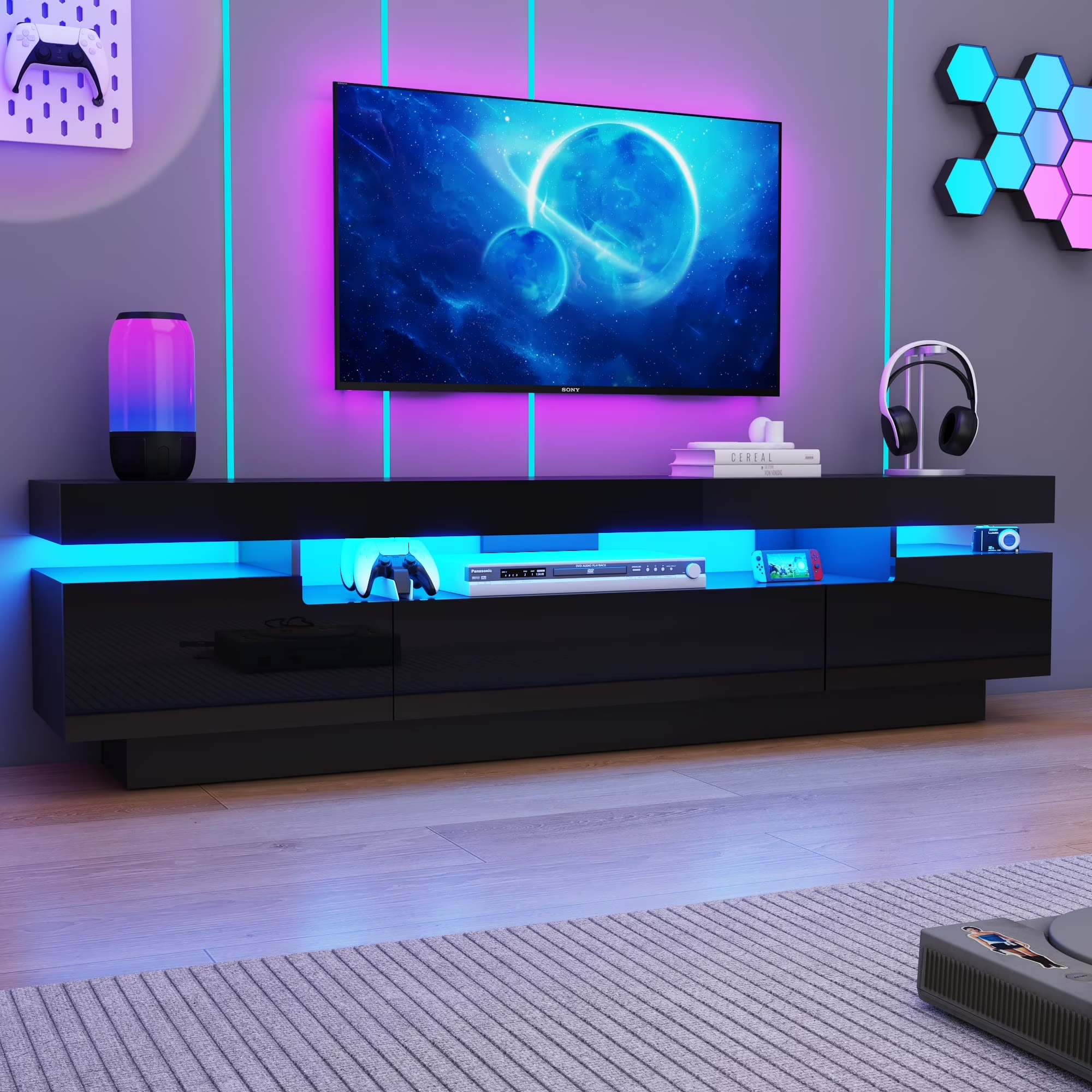 ChVans Large LED TV Stand for 80/85/90" TV with Power Outlets, Living Room Entertainment Center with Storage Drawers&Cabinets Furniture, Black High Gloss TV Cabinet Console Table-80.6"