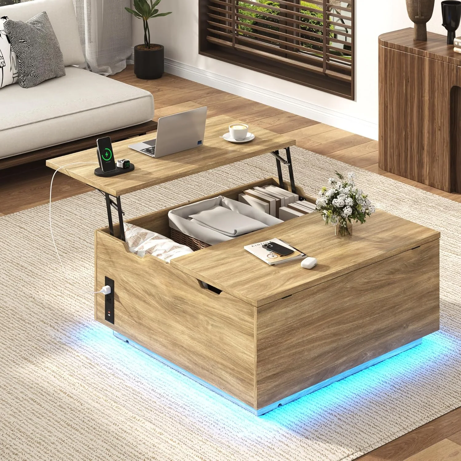 Lift Top Coffee Table with Led Light and Charging Station, 36" Modern Walnut finish Coffee Table with Large Hidden Space, Square Center Coffee Tables for Living Room, Office