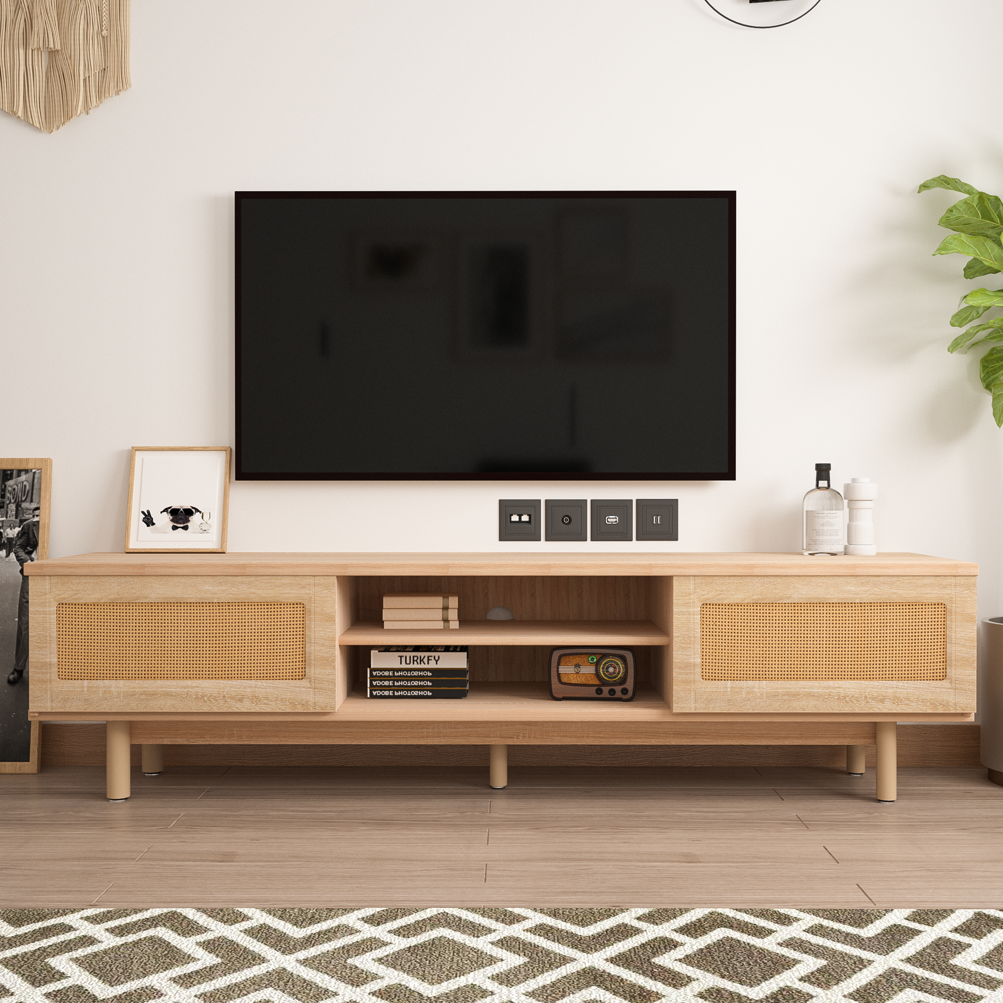 ChVans Tall 59" TV Stand Mid-Century Modern Console for TV Under 75", Wood Entertainment Center with Storage, Drawers, Shelves, Light Brown